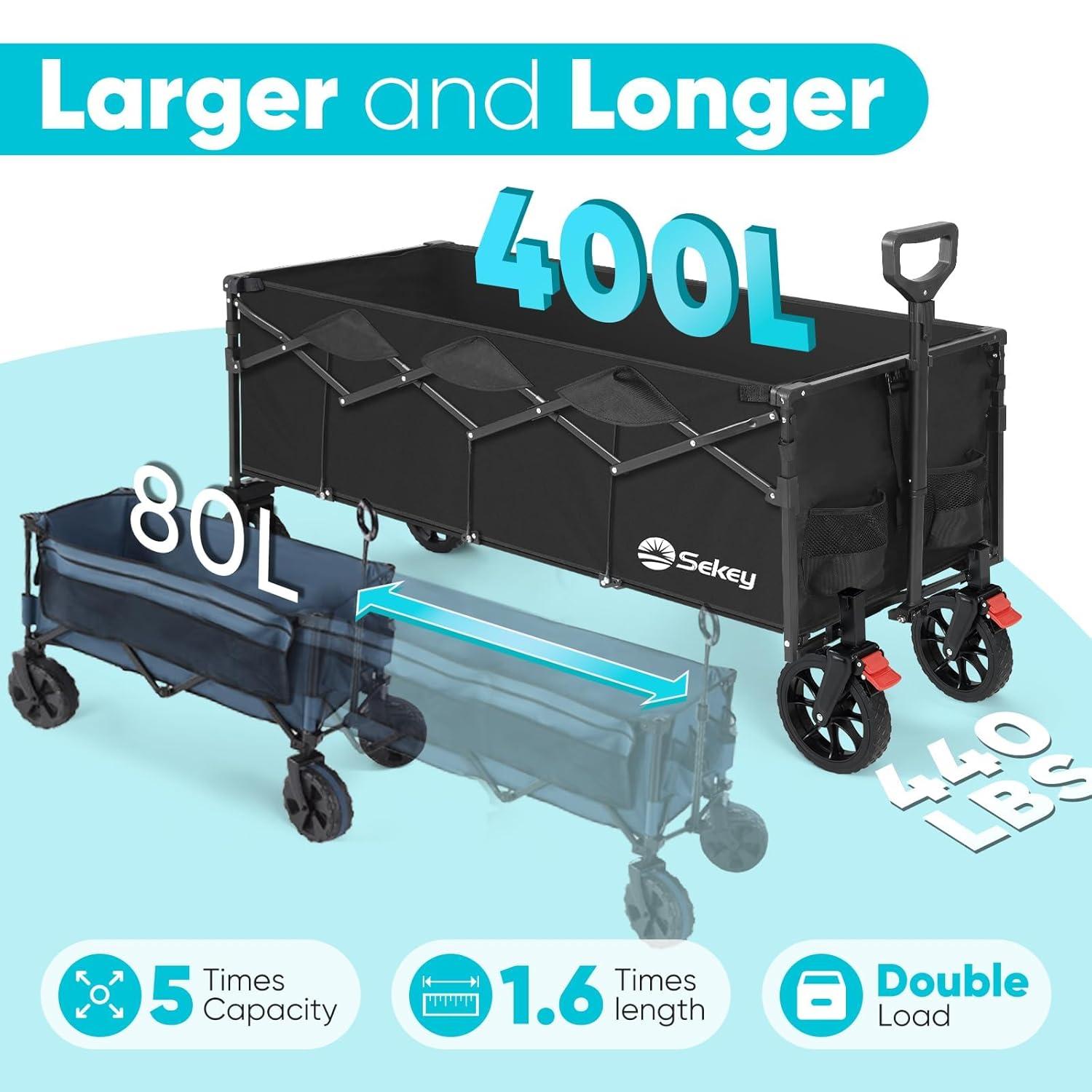 Sekey 43" Extended Collapsible Wagon 400L Large Capacity, 440LBS Heavy Duty Folding Utility Garden Cart with All-Terrain Wheels for Camping, Sports, Shopping.Black