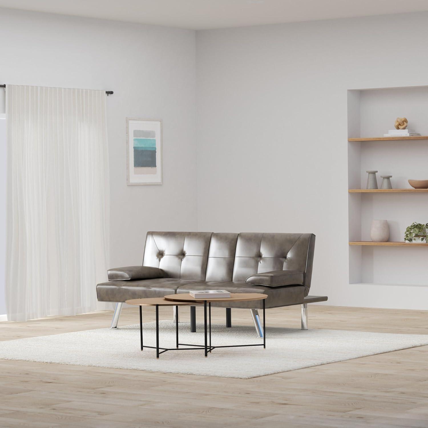 Best Choice Products Modern Faux Leather Convertible Futon Sofa w/ Removable Armrests, 2 Cupholders - Gray