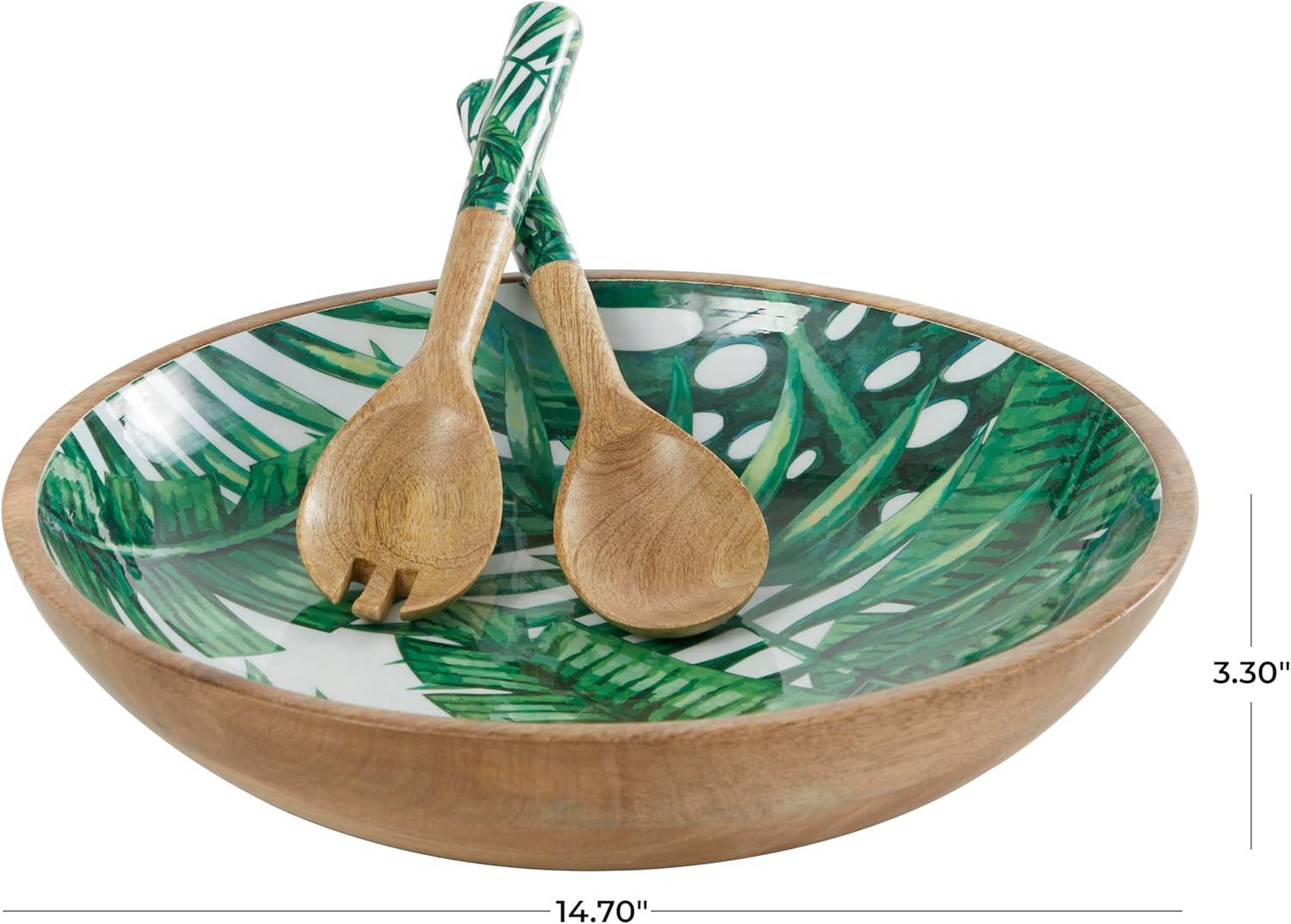 Deco 79 Mango Wood Handmade Decorative Bowl with Matching Salad Serving Utensils, Set of 3 15", 11", 11" W, Green
