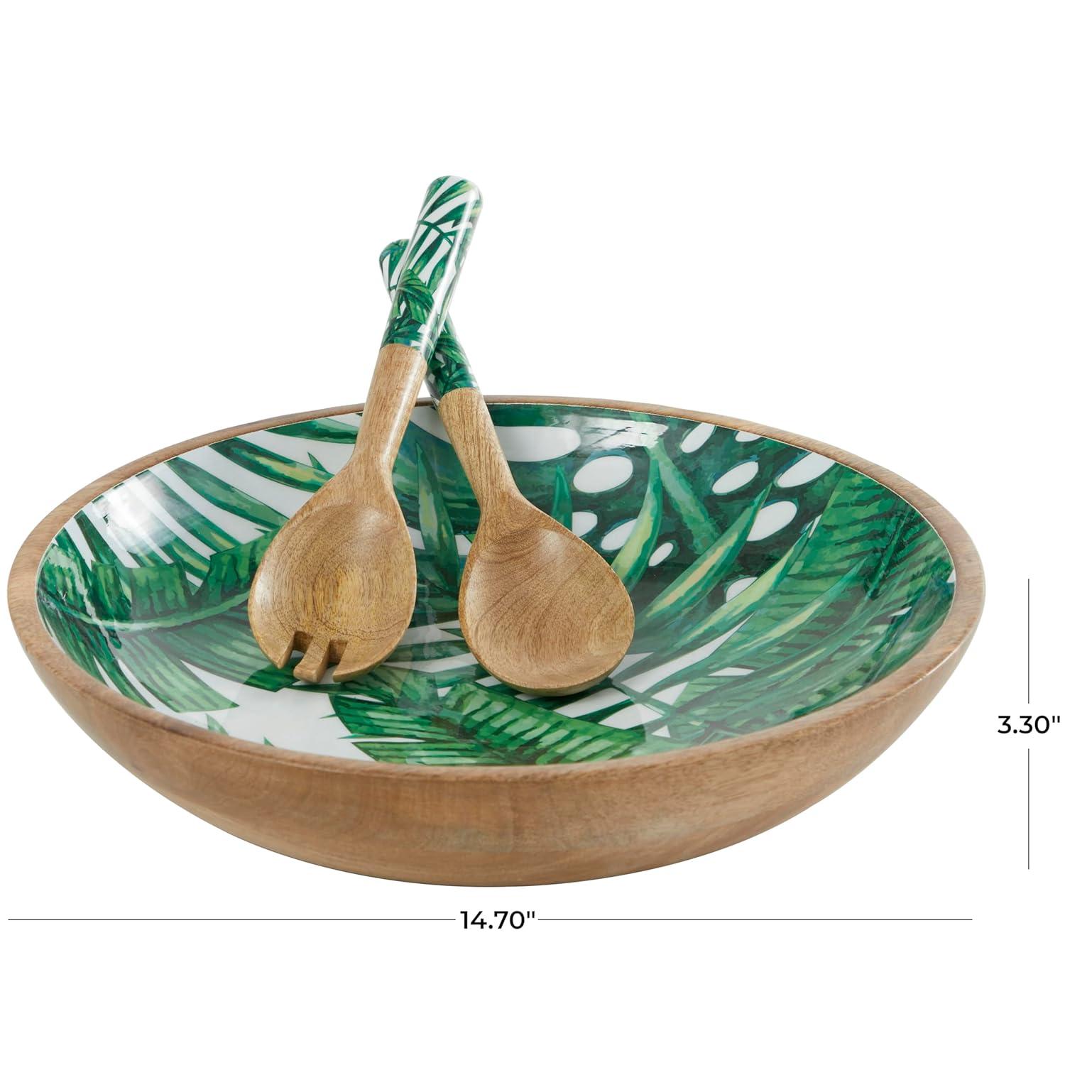 Deco 79 Mango Wood Handmade Decorative Bowl with Matching Salad Serving Utensils, Set of 3 15", 11", 11" W, Green