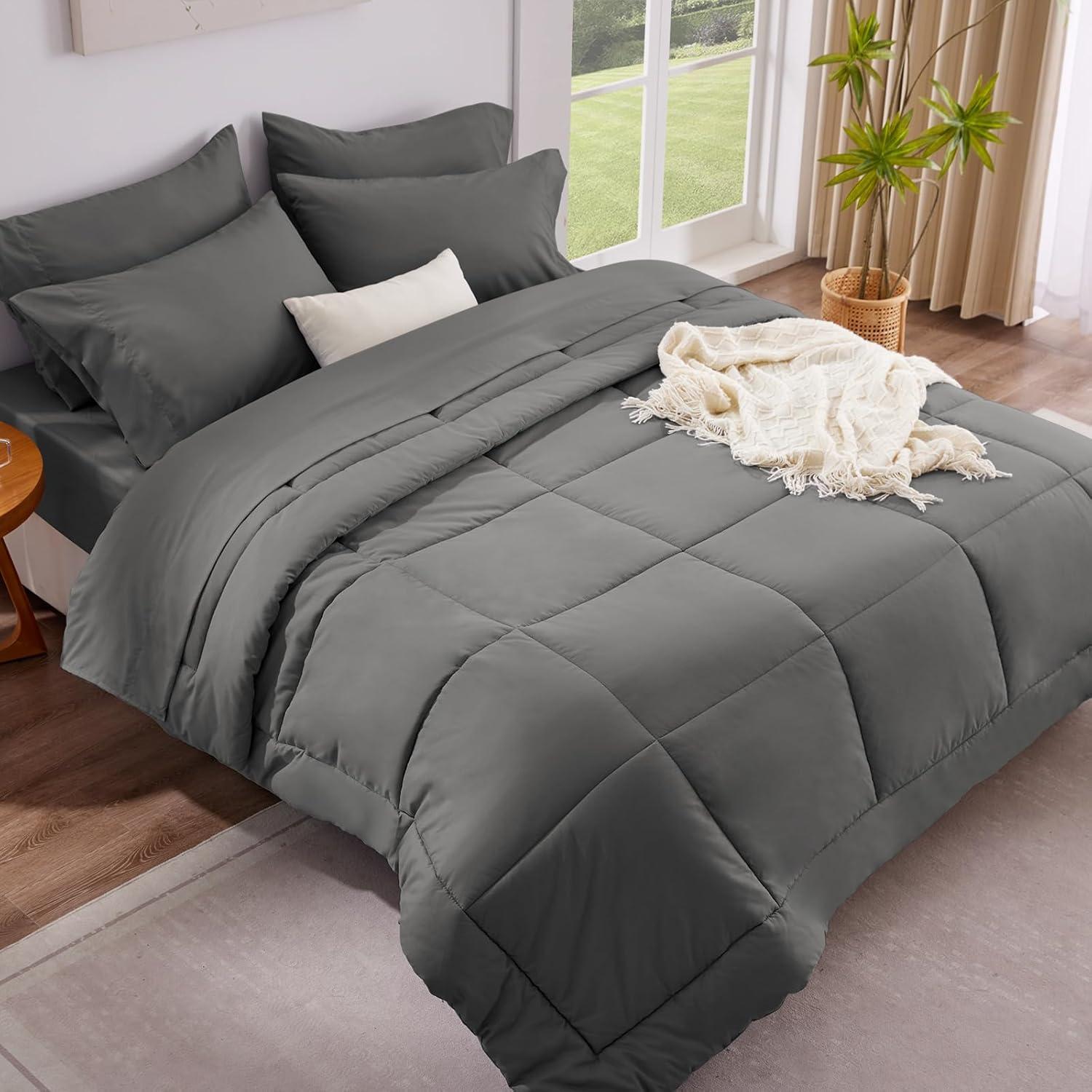 Queen Comforter Set - 7 Pieces Bed in a Bag Set Dark Grey, Bedding Sets Queen with All Season Quilted Comforter, Flat Sheet, Fitted Sheet, Pillowcases, Dark Gray, Queen