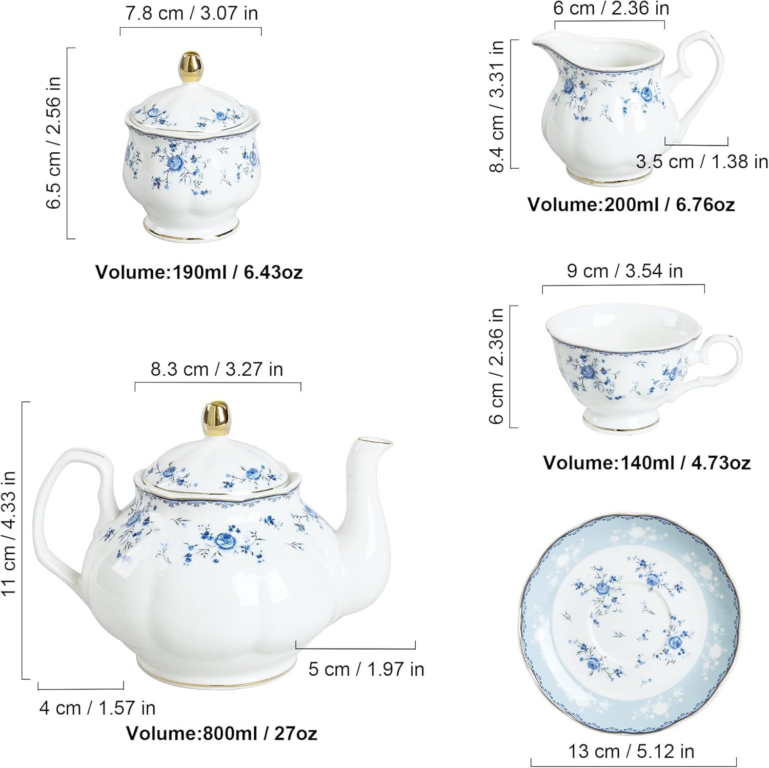 Bloomsbury Market 15 Piece Blue Rose Porcelain Tea Set, British Floral Teapot With Tea Cups, Women Tea Party Set For 6