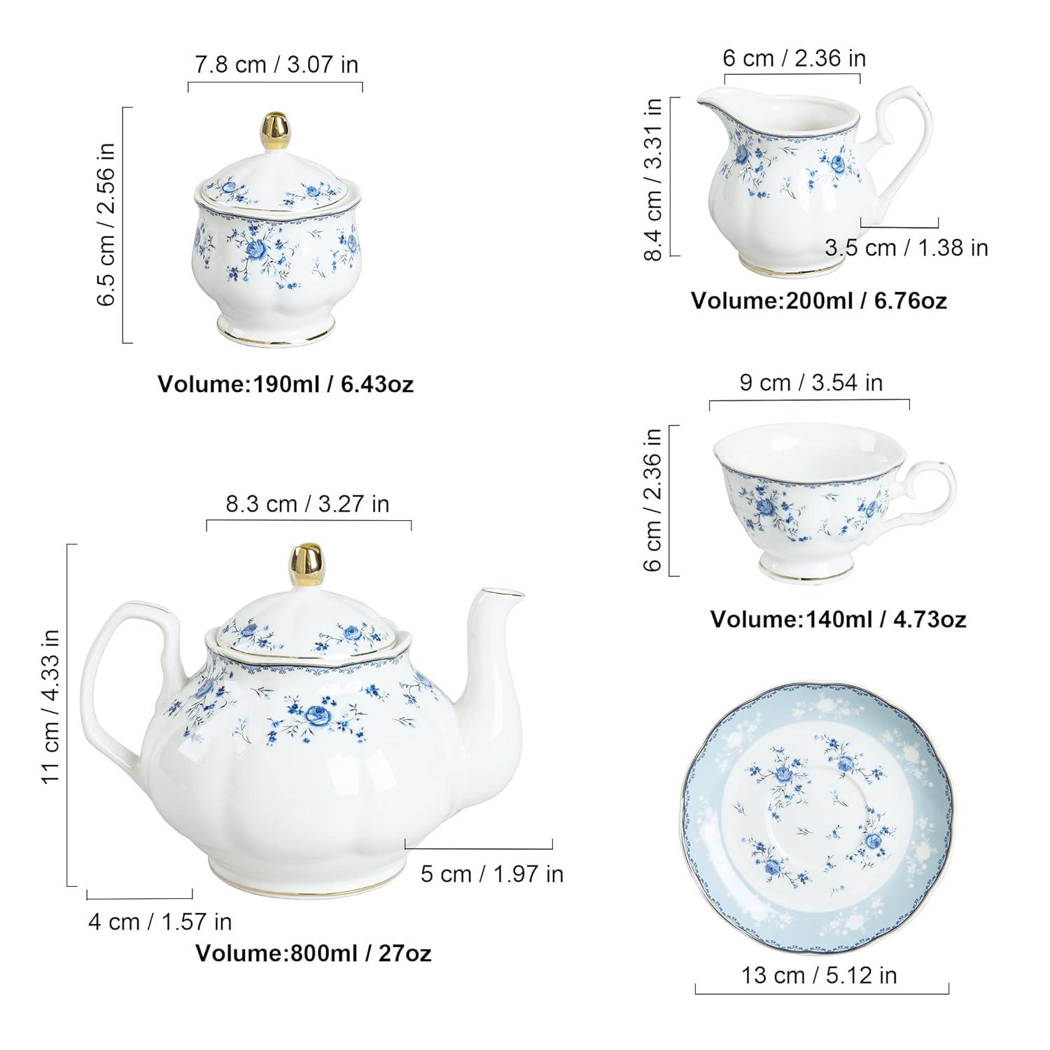 Bloomsbury Market 15 Piece Blue Rose Porcelain Tea Set, British Floral Teapot With Tea Cups, Women Tea Party Set For 6