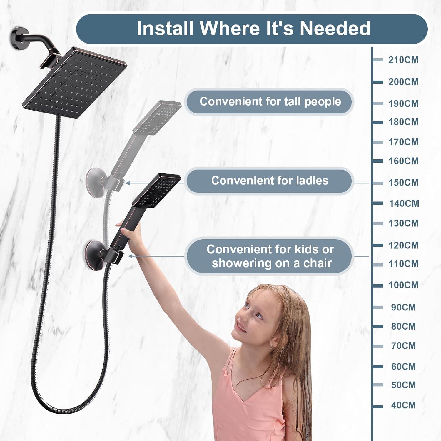 BRIGHT SHOWERS Rain Shower Head with Handheld Spray 5 ft. Shower Hose Combo Includes Wall Mount Suction Bracket 3-Way Water Diverter Mount (8 Inch Square, Oil Rubbed Bronze)