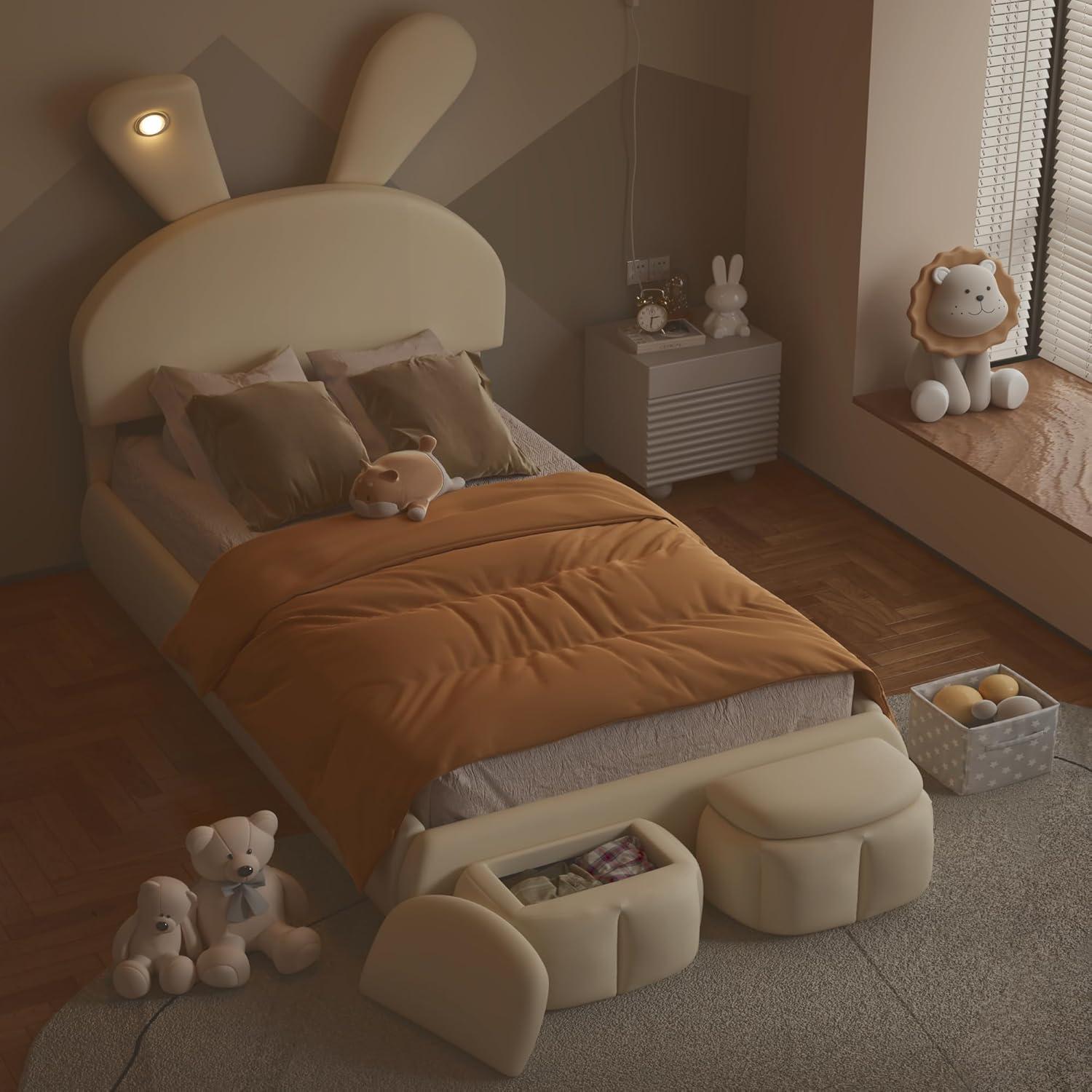 Sesslife Twin Bed Frame for teens, Upholstered Bed Frame with 2 Storage Stools and LED Light, Cute Bed Frame with Rabbit-Ears Shaped Headboard, Cartoon Twin Bed Frame, No Box Spring Needed, Beige