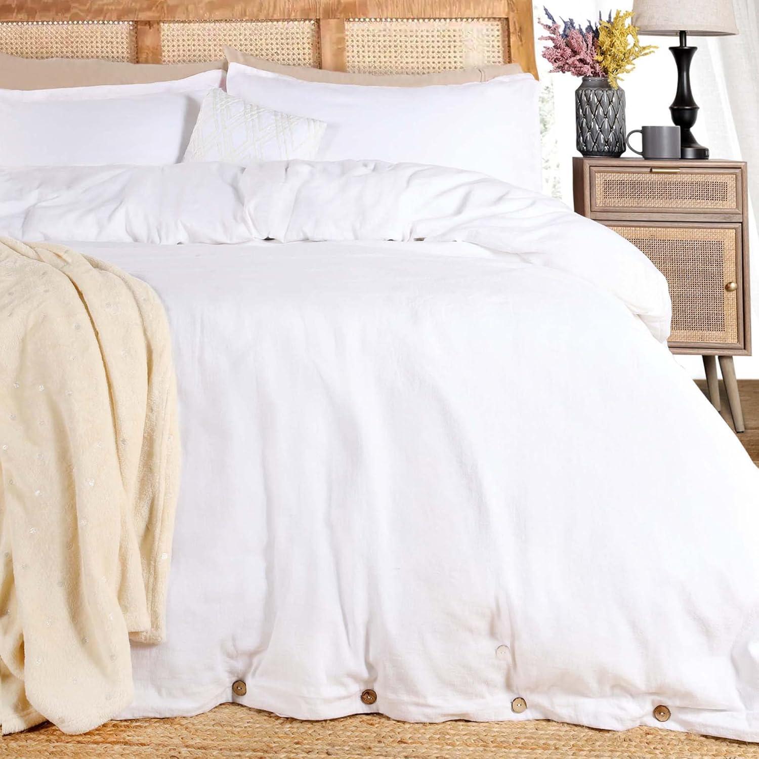 White Full/Queen Cotton Linen Duvet Cover Set with Button Closure