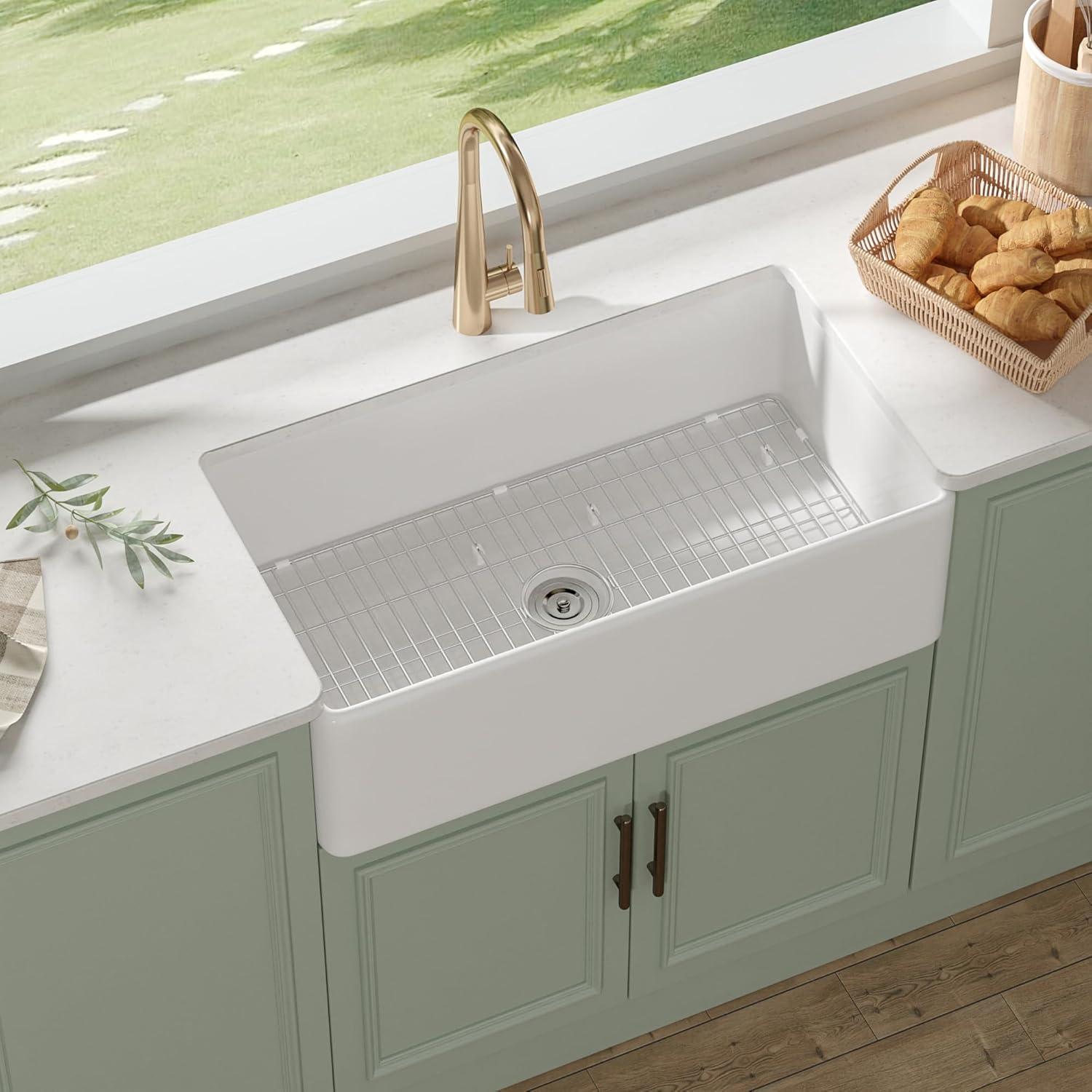 Grove 33" L X 18" W Rectangular Single Bowl Fireclay Farmhouse Kitchen Sink with Grid and Strainer