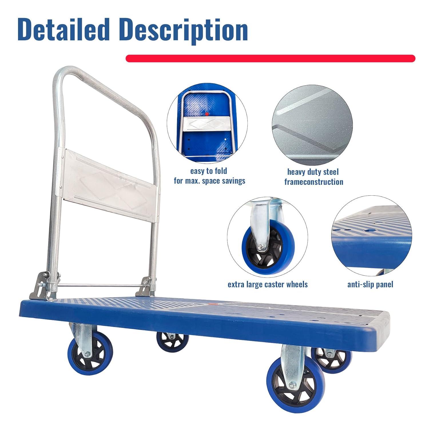 Push Cart Dolly 660 lbs. Capacity Platform Truck Foldable Platform Cart Upgraded Heavy Duty Moving Cart with PU Wheels for Home Garden Warehouse Garage Workshops