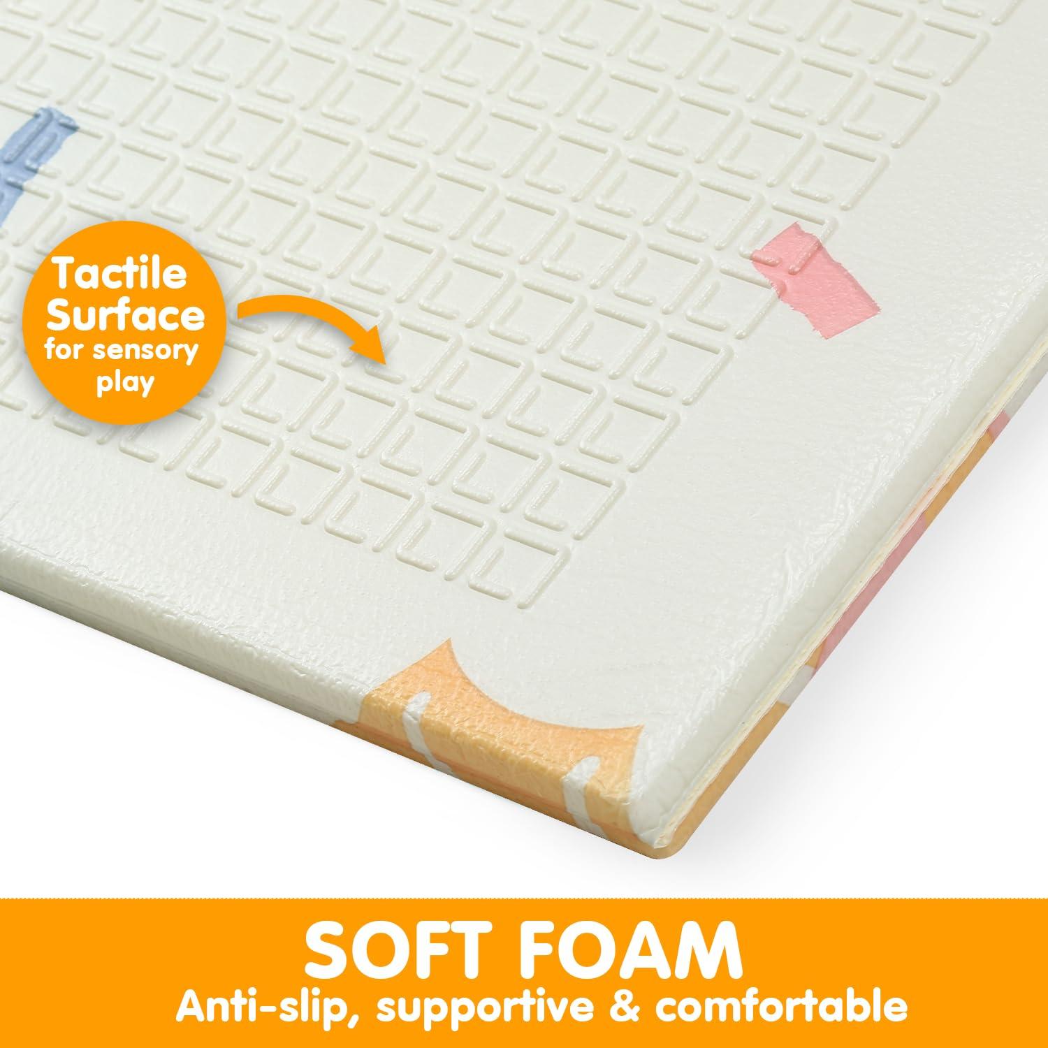 Bammax Waterproof Foam Padded Baby Play Mat with Dinosaurs & Safari Animals Design, Reversible & Foldable Floor Mat, 70” x 78”