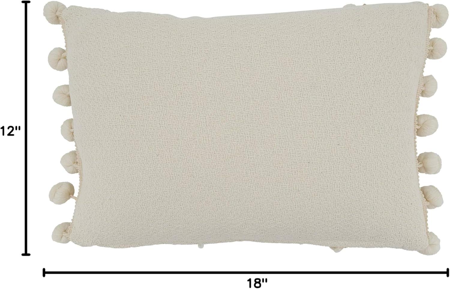 Ivory Cotton Rectangular Throw Pillow with Pom Pom Applique