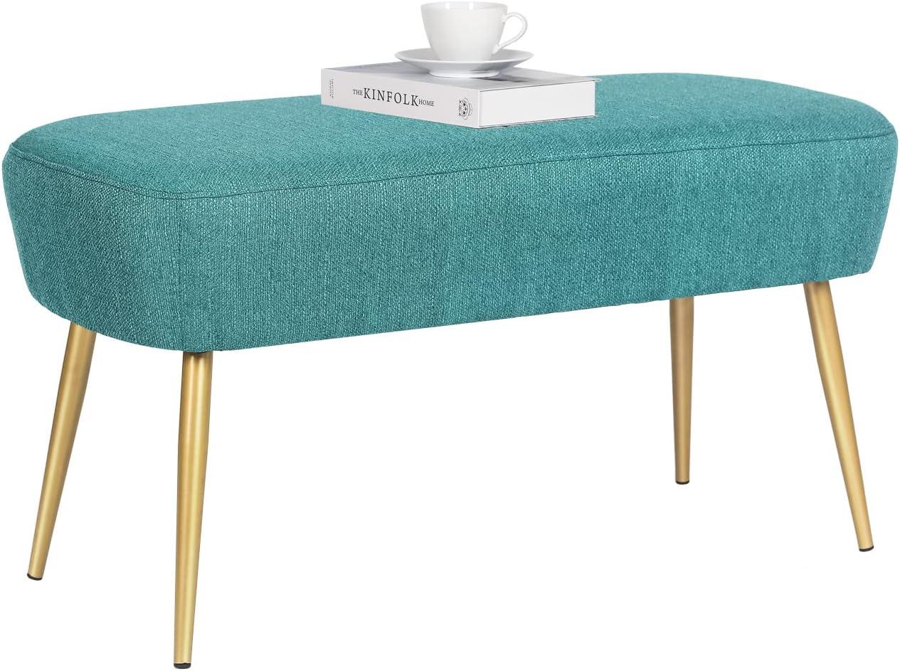 Adeco Upholstered Line PeacockGgreen Ottoman, 35 inch, End of Bed Footrest Stool with Golden Metal Legs for Bedroom, Living Room Entryway Bench, Peacock Green (KX0167-6)