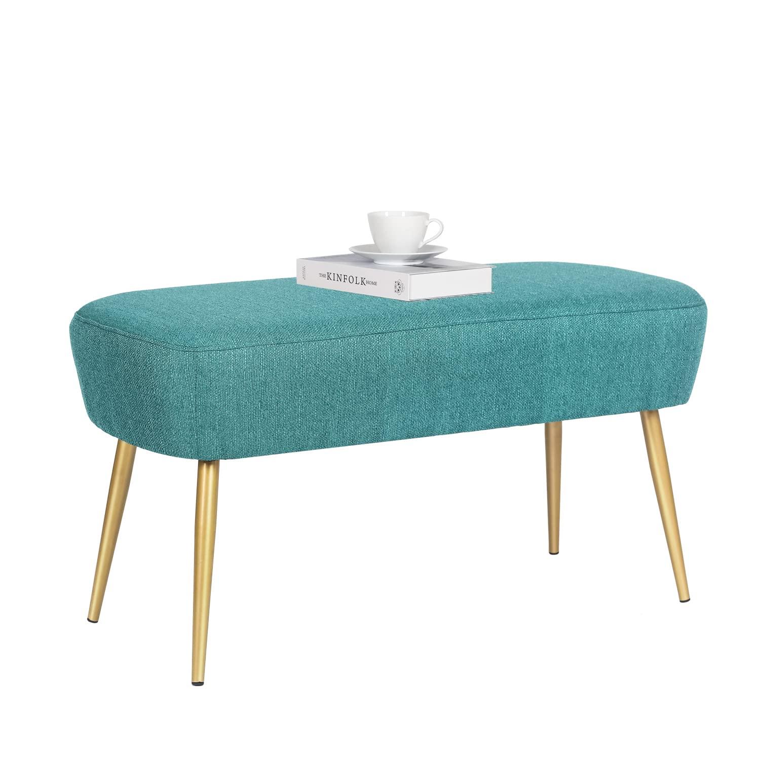 Adeco Upholstered Line PeacockGgreen Ottoman, 35 inch, End of Bed Footrest Stool with Golden Metal Legs for Bedroom, Living Room Entryway Bench, Peacock Green (KX0167-6)