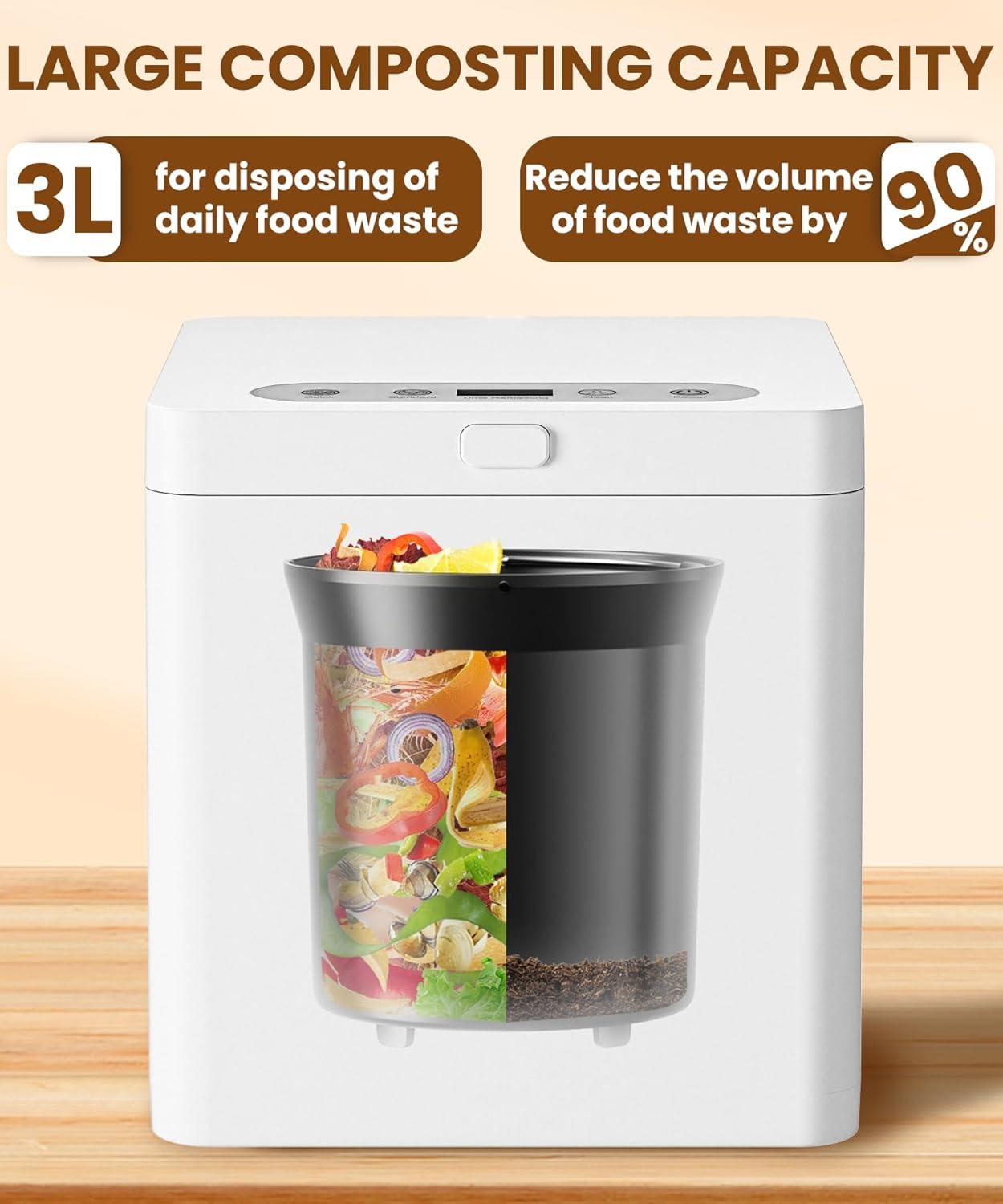 Electric Composter for Kitchen, 3.3L, Smart Compost Bin, Odorless/Auto-Cleaning, 2 Modes, Blade Upgrade, Food Waste to Fertilizer