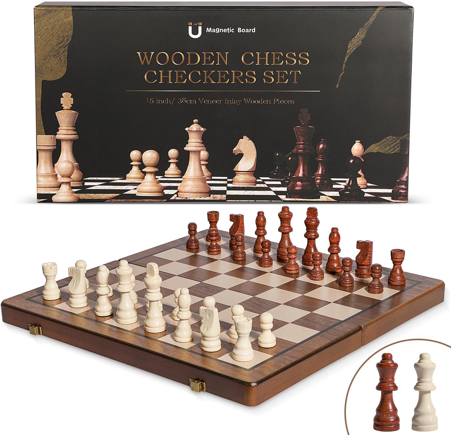 KiddiTouch 15 inch Magnetic Wooden Chess Set 2 in 1 Folding Chess Board Travel Chess Games for Adults and Kids-2 Extra Queen Pieces