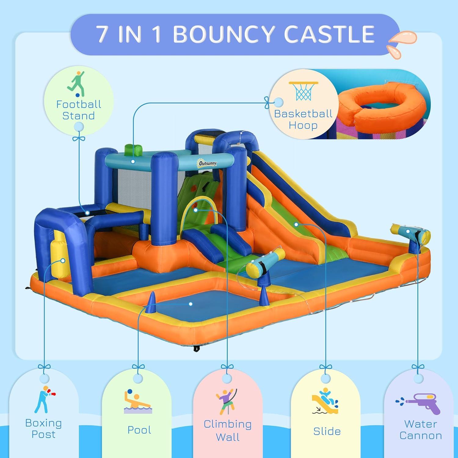 Outsunny 7 in 1 Water Slide with Slide, Pool, Climbing Wall, Water Cannon, Basketball Hoop, Boxing Post, Football Stand for 3-8 Years Old Kids