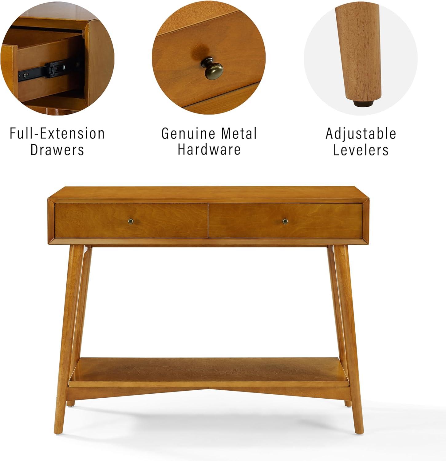 Crosley Landon Console Table Acorn: Mid-Century Modern Design, Hardwood with Open Shelf & Drawer