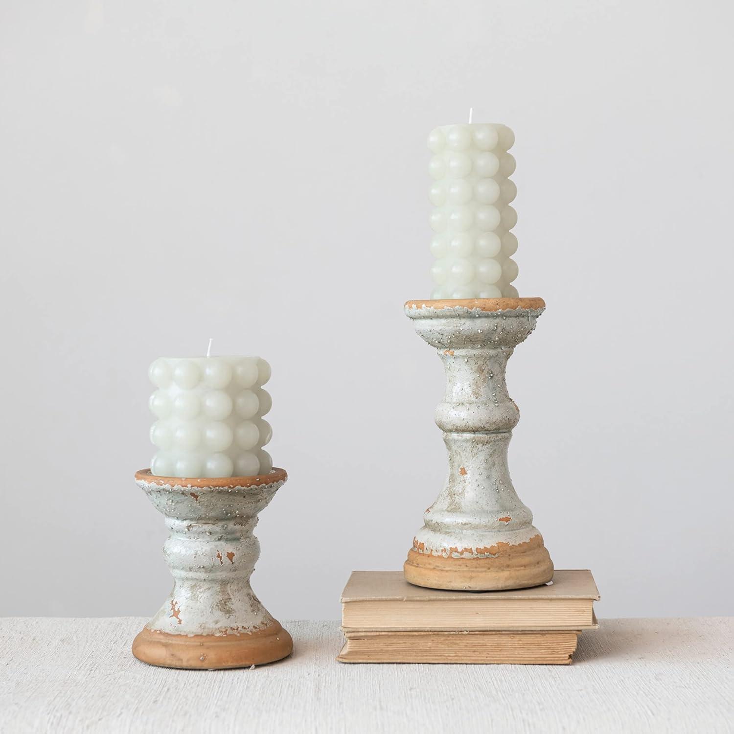 Creative Co-Op Coastal 2-Tone Terracotta Pillar Candle Holder, Distressed Grey