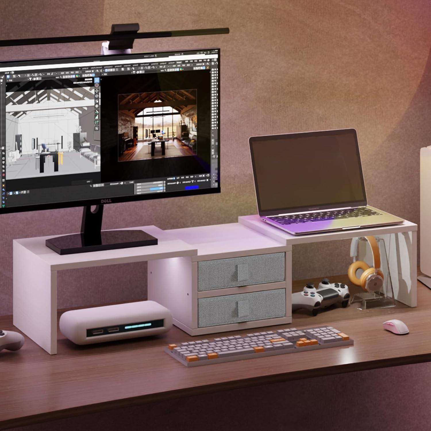 White Adjustable Dual Monitor Stand with Storage Drawers