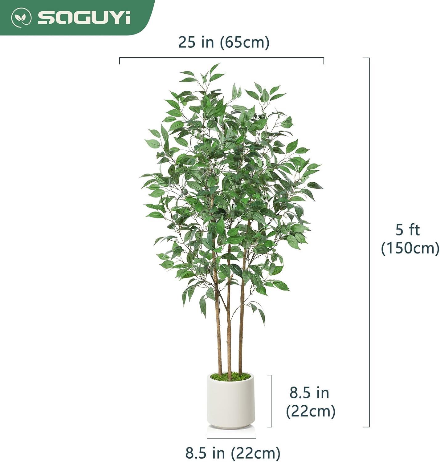 Artificial Tree,5FT Fake Ficus Tree in White Imitation Ceramic Planter with Lifelike Moss,Faux Ficus Silk Tree for Indoor Entryway Modern Decor Home Office Porch Balcony Shopping malls