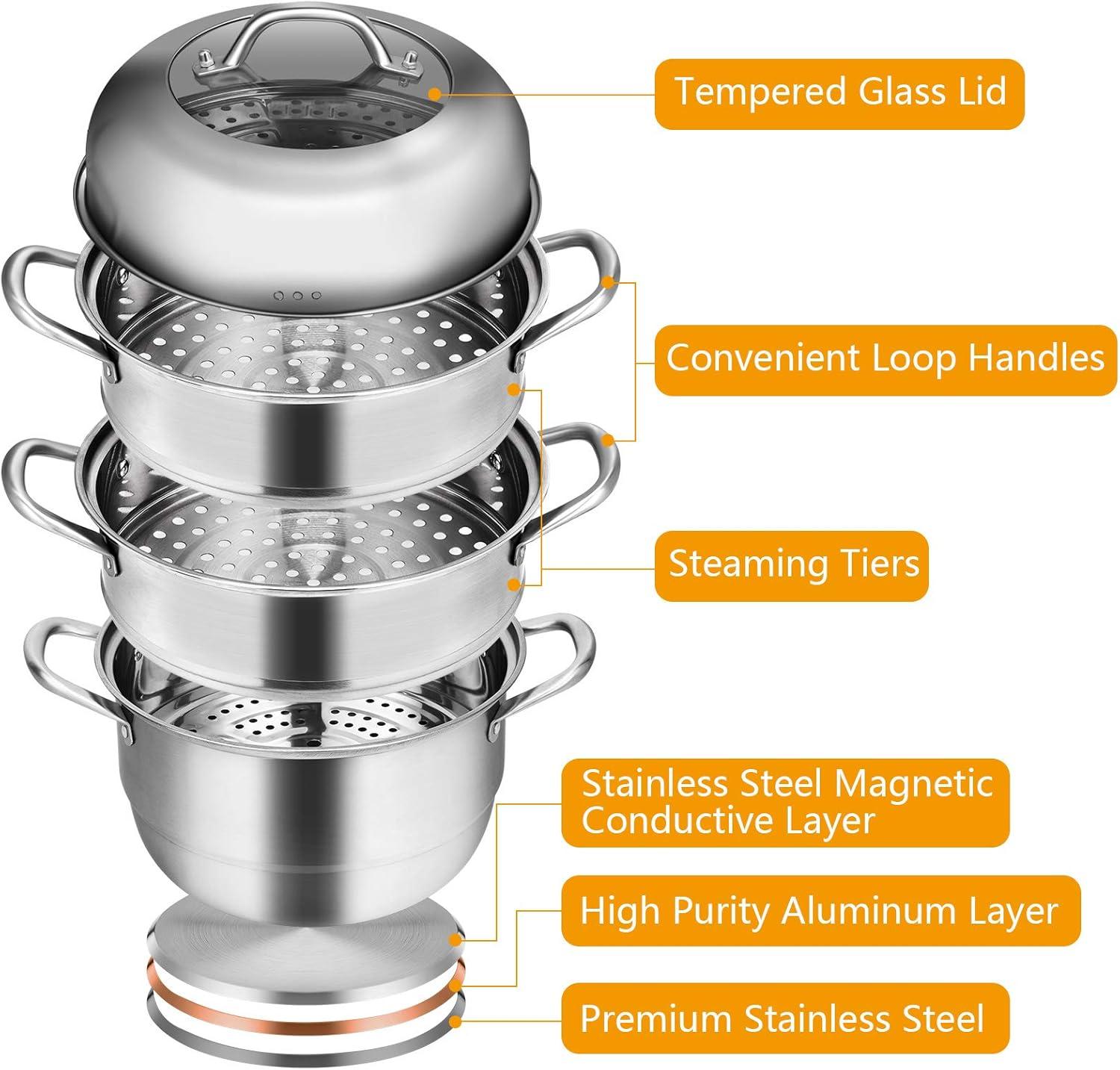 3-Tier Stainless Steel Steamer Pot with Tempered Glass Lid