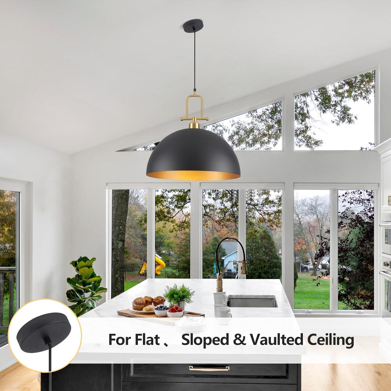 Everly Quinn 17.7" Farmhouse Vintage Black And Gold Pendant Light - Dome Chandelier For Kitchen Island, Dining Room, Hallway