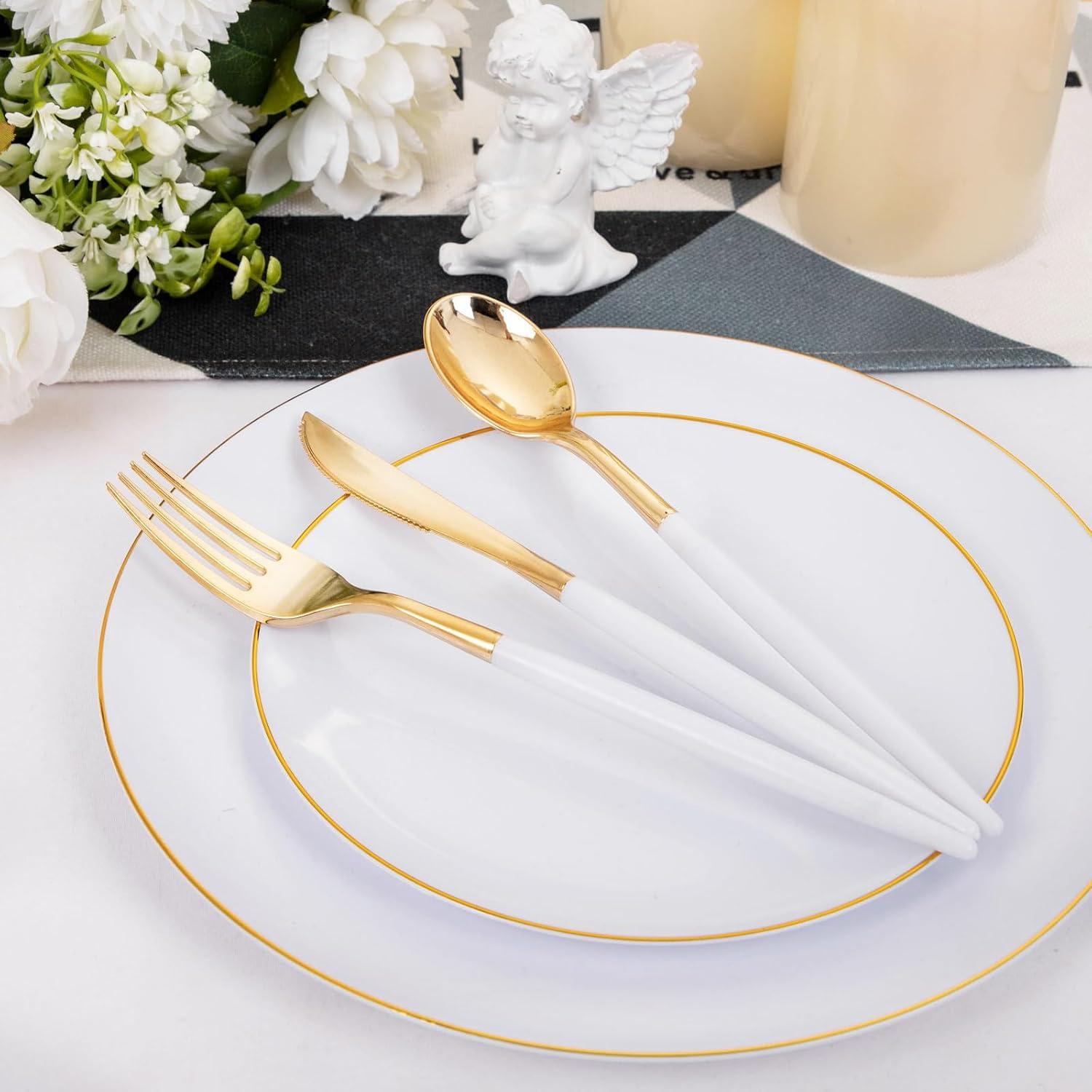 White and Gold Round Plastic Dinnerware Set for 30 Guests