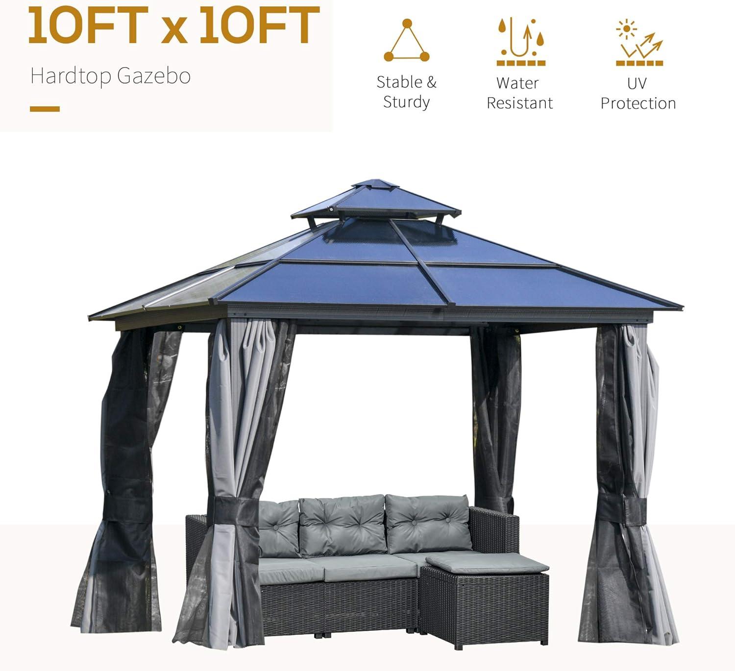 10' x 10' Hardtop Gazebo Canopy with Polycarbonate Roof, Aluminum Frame, Permanent Pavilion Outdoor Gazebo