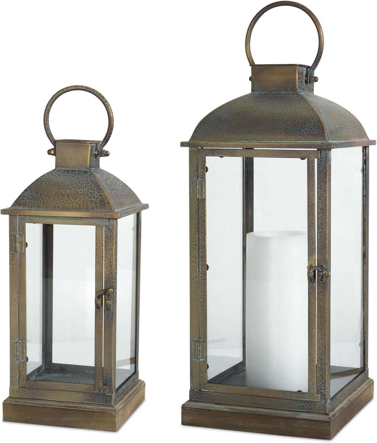 Gold Brushed Metal and Glass Hanging Lantern Set