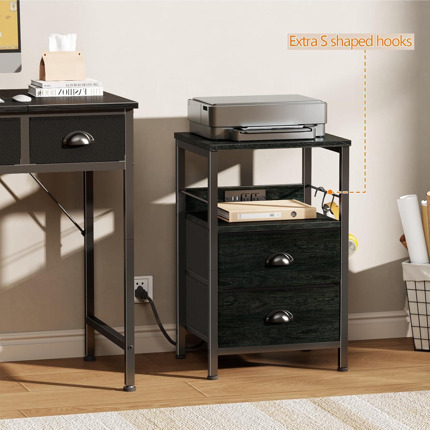 Furologee Nightstands Set 2, End Tables with 2 Fabric Drawers, Bedside Tables with Hooks and Shelf, Side Tables for Bedroom/Living Room/Study/Black Oak