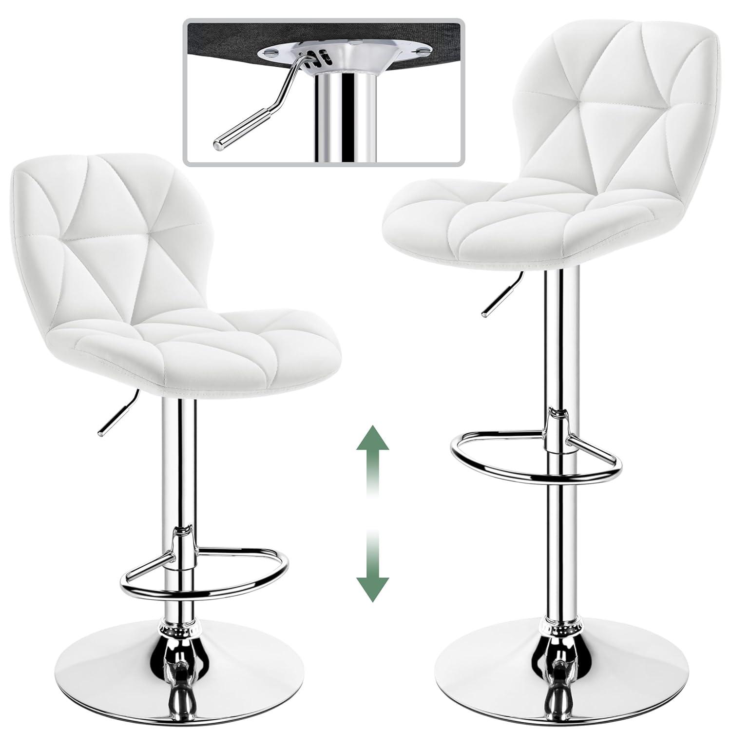 Yaheetech Barstools Set of 2, PU Leather Counter Stools Bar Chairs with Backrest, Height Adjustable Swivel Tall Chairs for Home Bar Kitchen Island, White