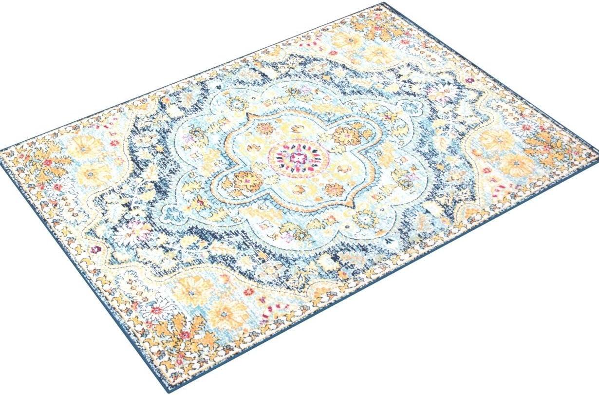 World Rug Gallery Distressed Vintage Bohemian Navy 5' x 7' Area Rug:  Medallion Pattern,  Pet Friendly,  Stain-Resistant,  Low Pile