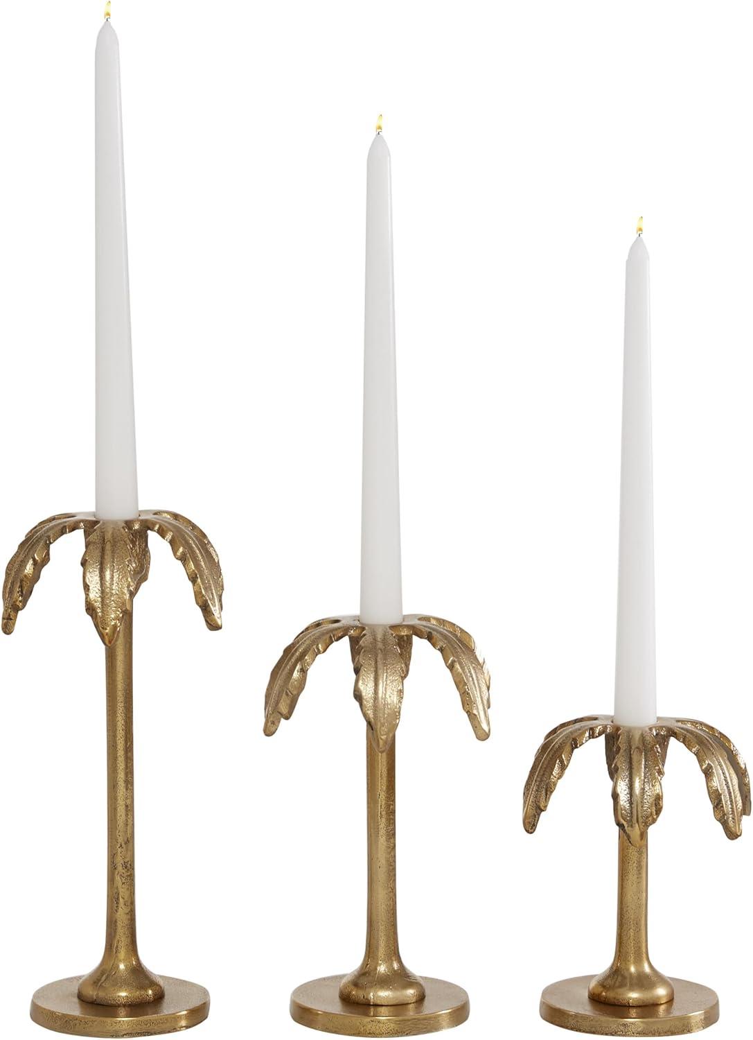 Gold Aluminum Palm Tree Taper Candle Holders Set of 3