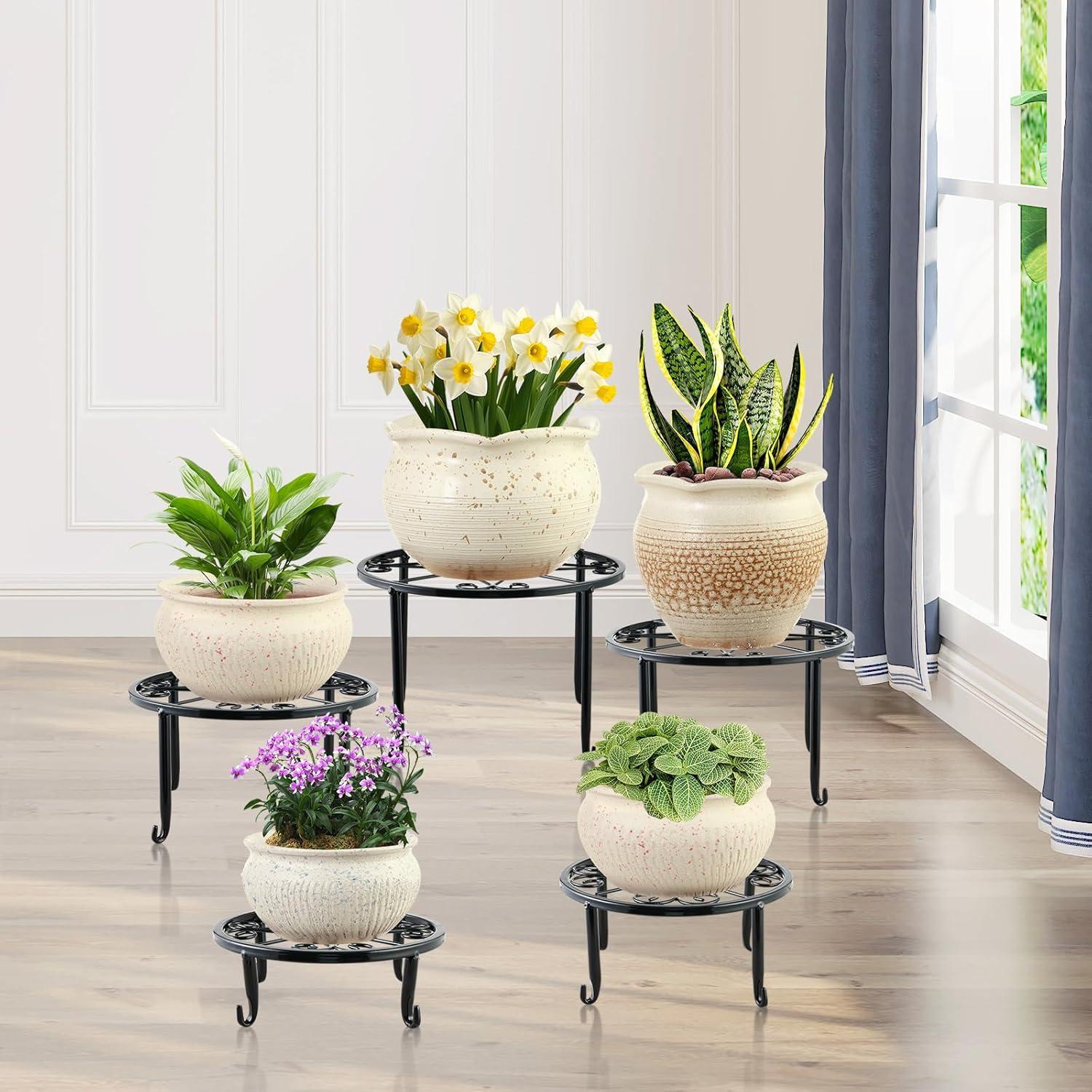 3 Pack 9 inches Metal Plant Stands with Saucer for Indoor and Outdoor Plants Heavy Duty Potted Heavy Duty Flower Pot Stand Holder Rustproof Iron Round Plant Shelf for Garden, Brown