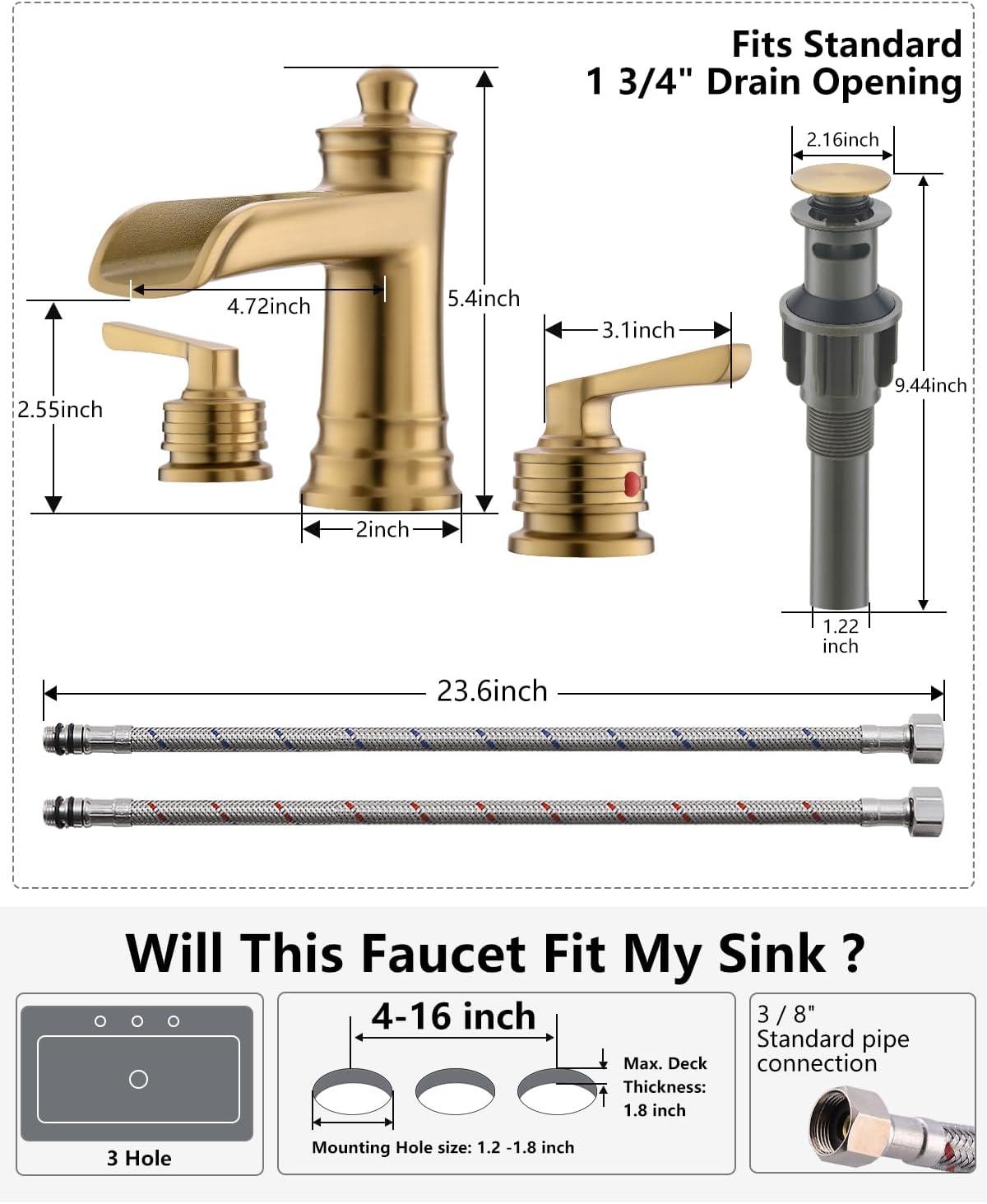 Brushed Gold 8-Inch Widespread Double Handle Bathroom Faucet