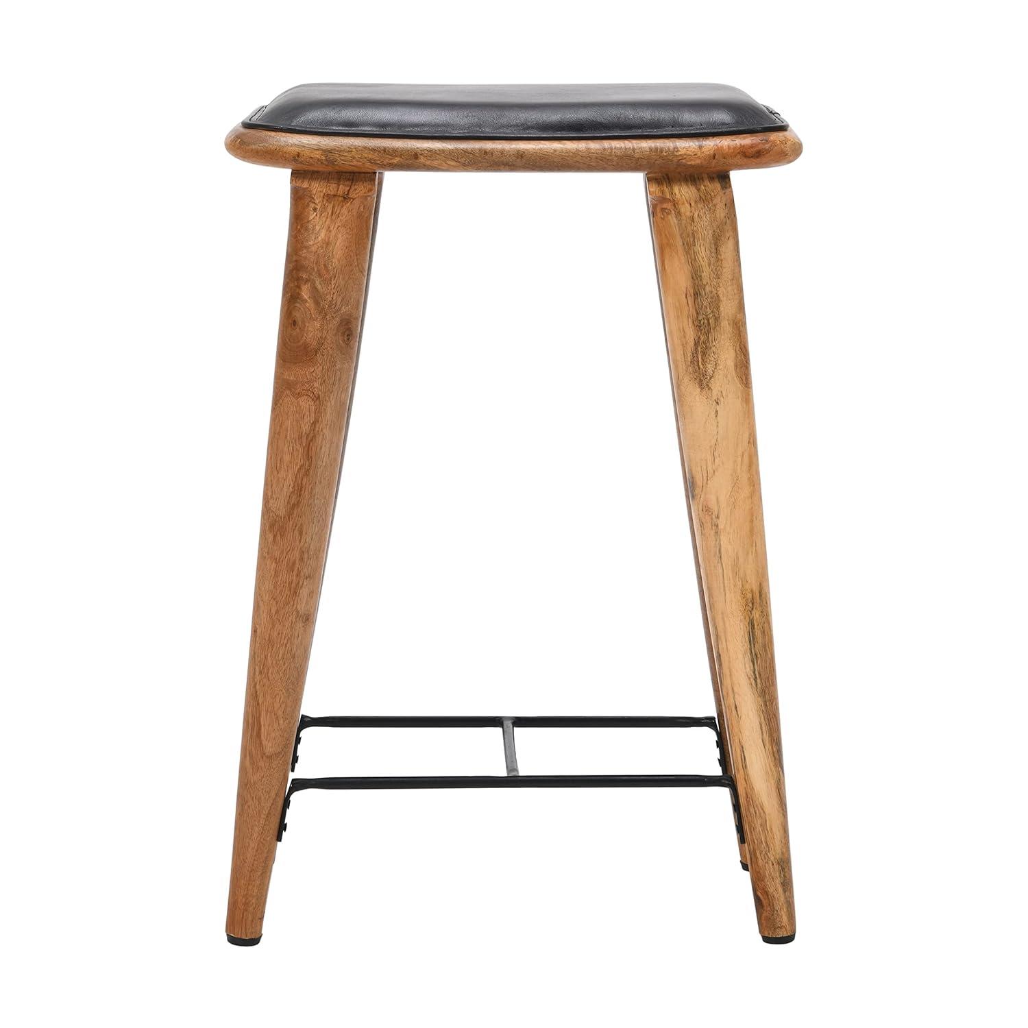 25 Inch Counter Height Bar Stool, Genuine Leather Seat, Mango Wood Frame, Black, Brown- Saltoro Sherpi