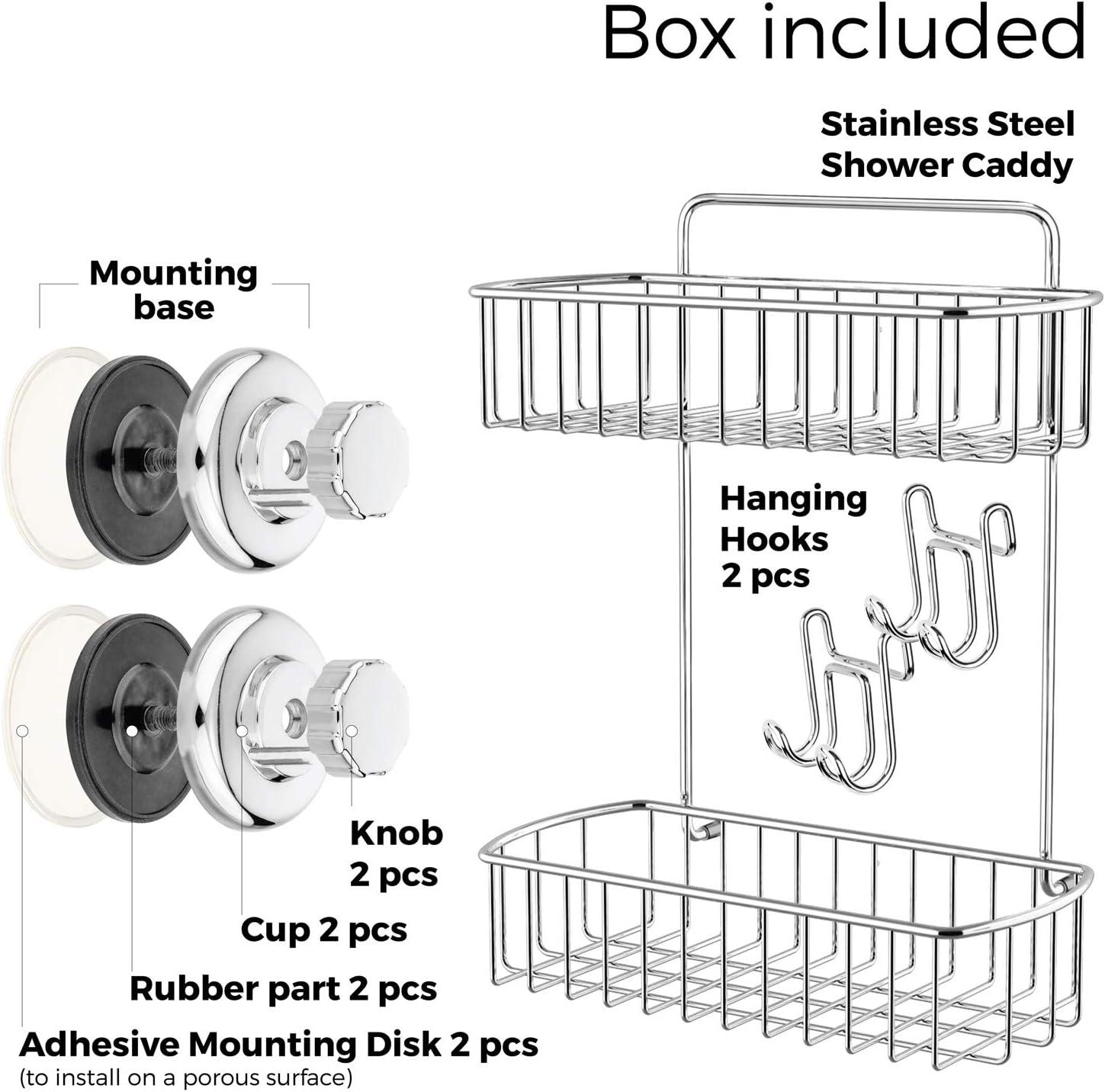 HASKO accessories - Shower Caddy with Suction Cup - 304 Stainless Steel 2Tier Basket for Bathroom - Rustproof (Chrome)