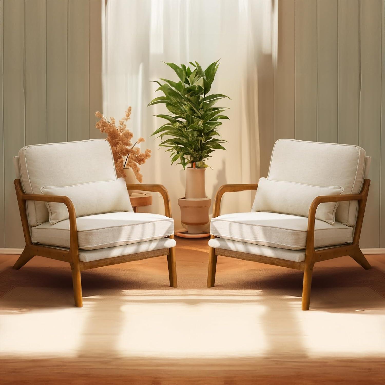 JULY'S SONG Mid-Century Wood Upholstered Fabric Solid Print Armchair, Beige (Set of 2)