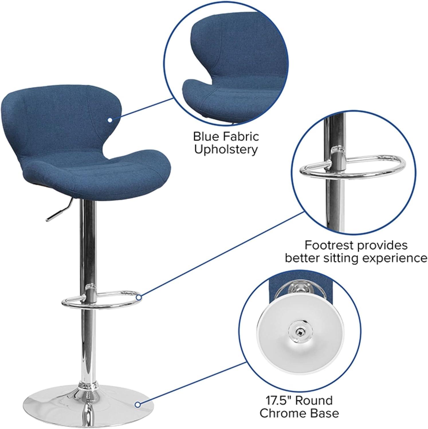 Curvaceous Blue Fabric and Chrome Adjustable Swivel Barstool