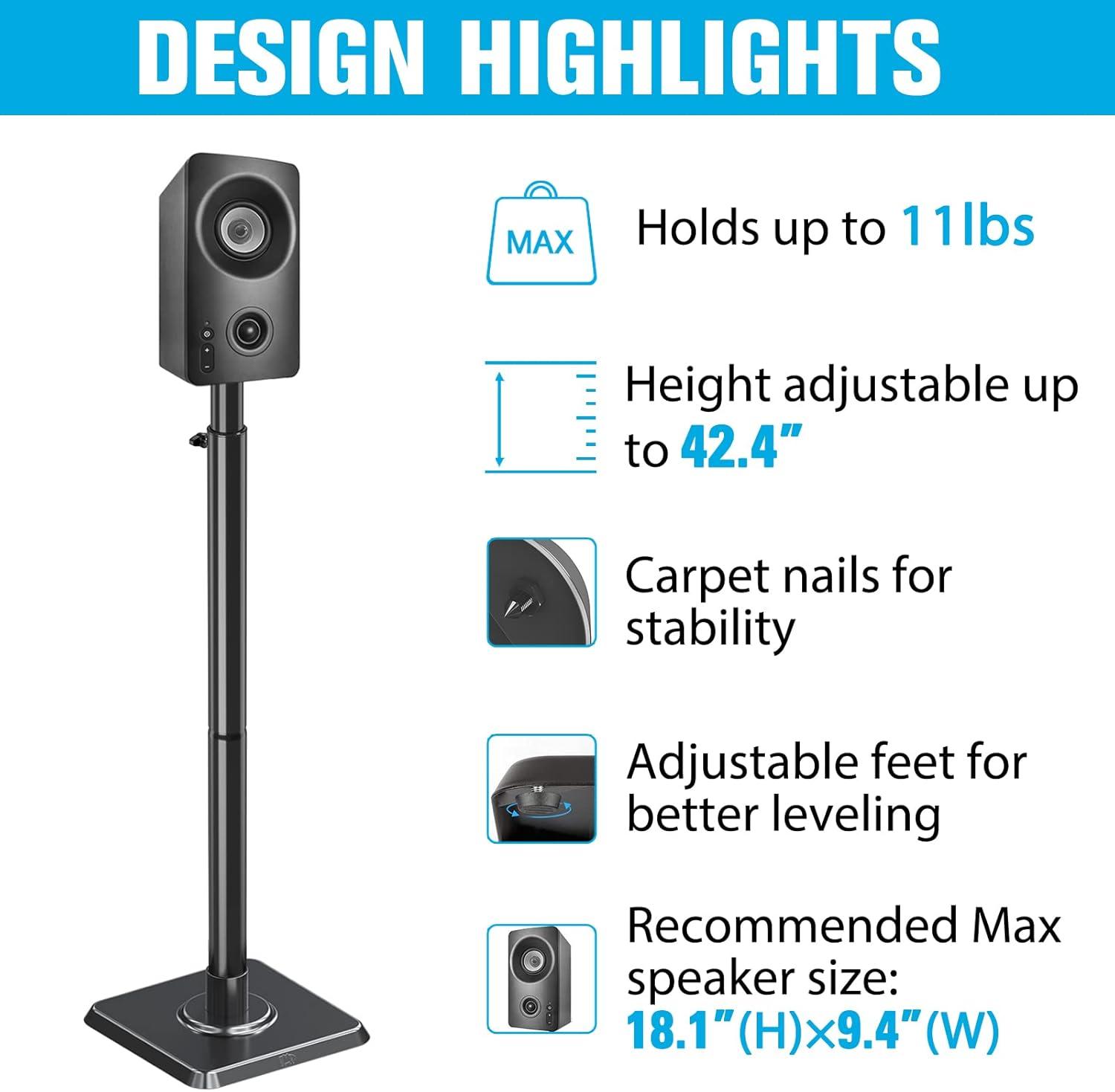 Adjustable Black Cast Iron Speaker Stands with Wire Management