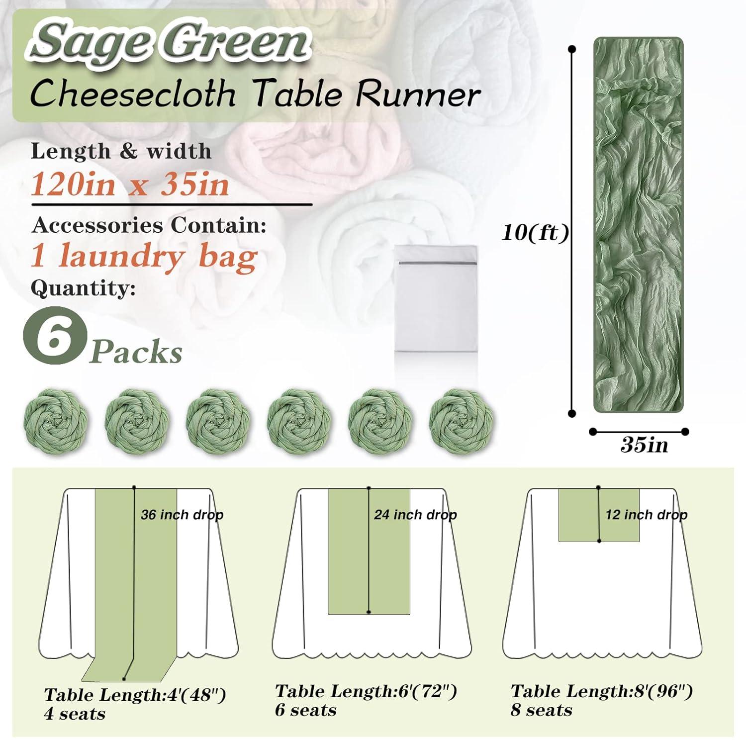 Mint Green Cheesecloth Table Runner 6 Pack 35" Boho Gauze Runner 120 inches Long Tablecloth Runner Rustic Sheer Fabric Bulk for Baby Shower Wedding Bridal Birthday Party Table Decorations