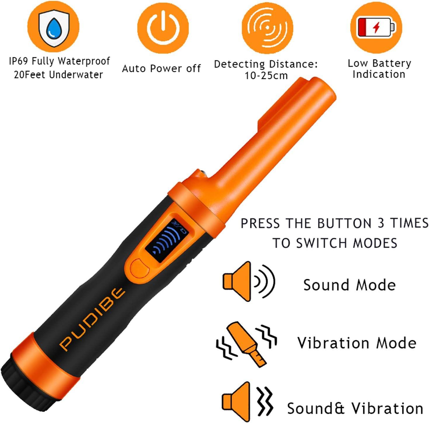 LCD Display Fully Waterproof Pinpoint Metal Detector Pinpointer - (Three Mode) 360°Search Treasure Pinpointing Finder Probe with Belt Holster Accessories for Adults and Kids,Hs10 Orange Color