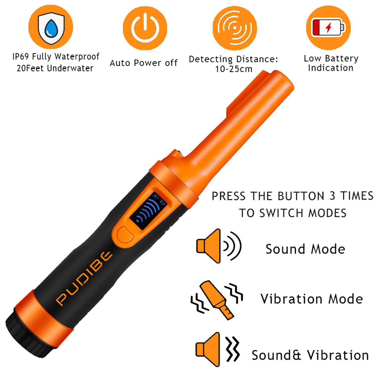 LCD Display Fully Waterproof Pinpoint Metal Detector Pinpointer - (Three Mode) 360°Search Treasure Pinpointing Finder Probe with Belt Holster Accessories for Adults and Kids,Hs10 Orange Color