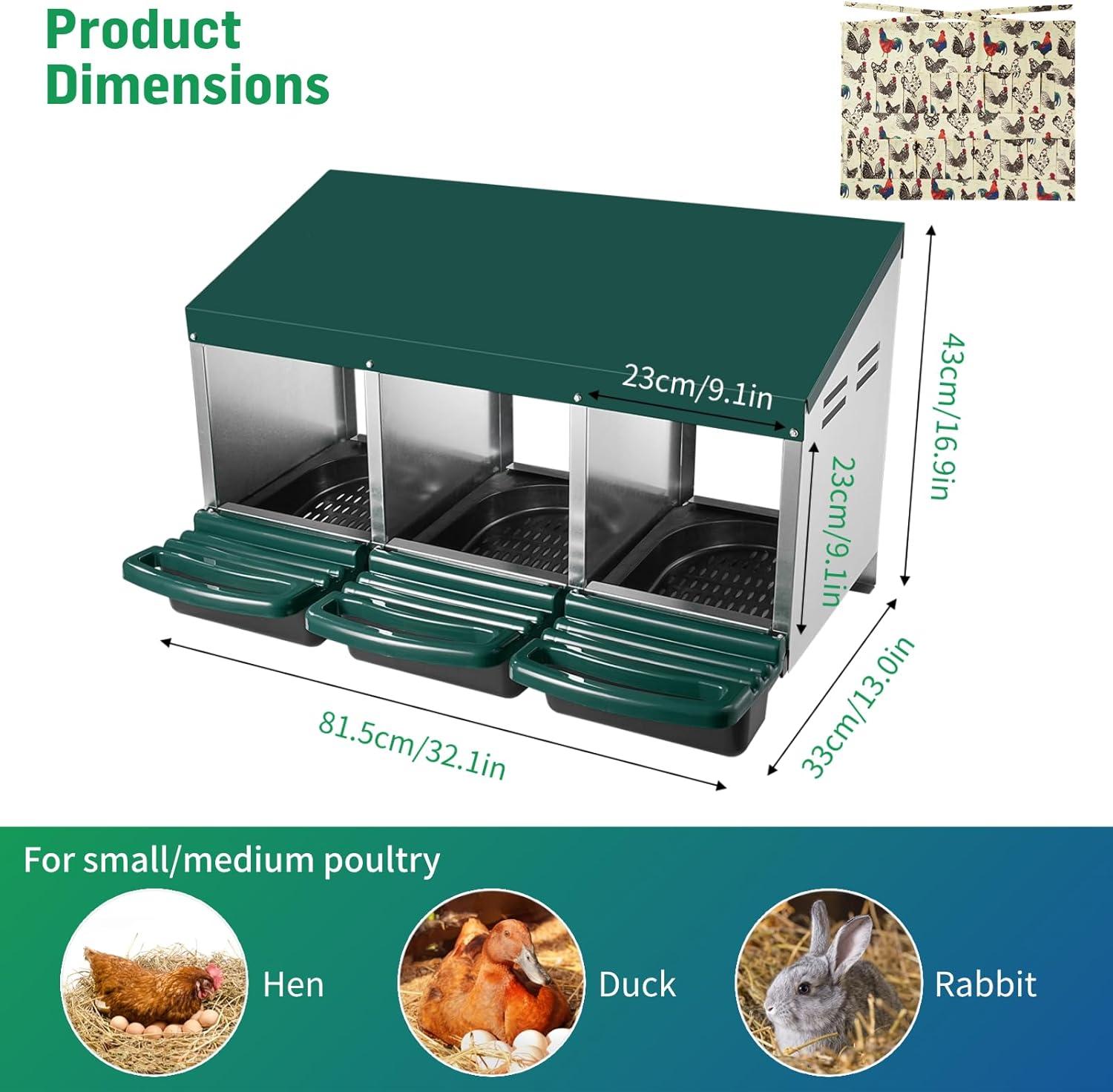 Bring Home Furniture Chicken Nesting Boxes with 3 Compartments for Laying Eggs, Galvanized Steel Hen Nesting Box with Lid Pull-Out Tray and Ventilation Design