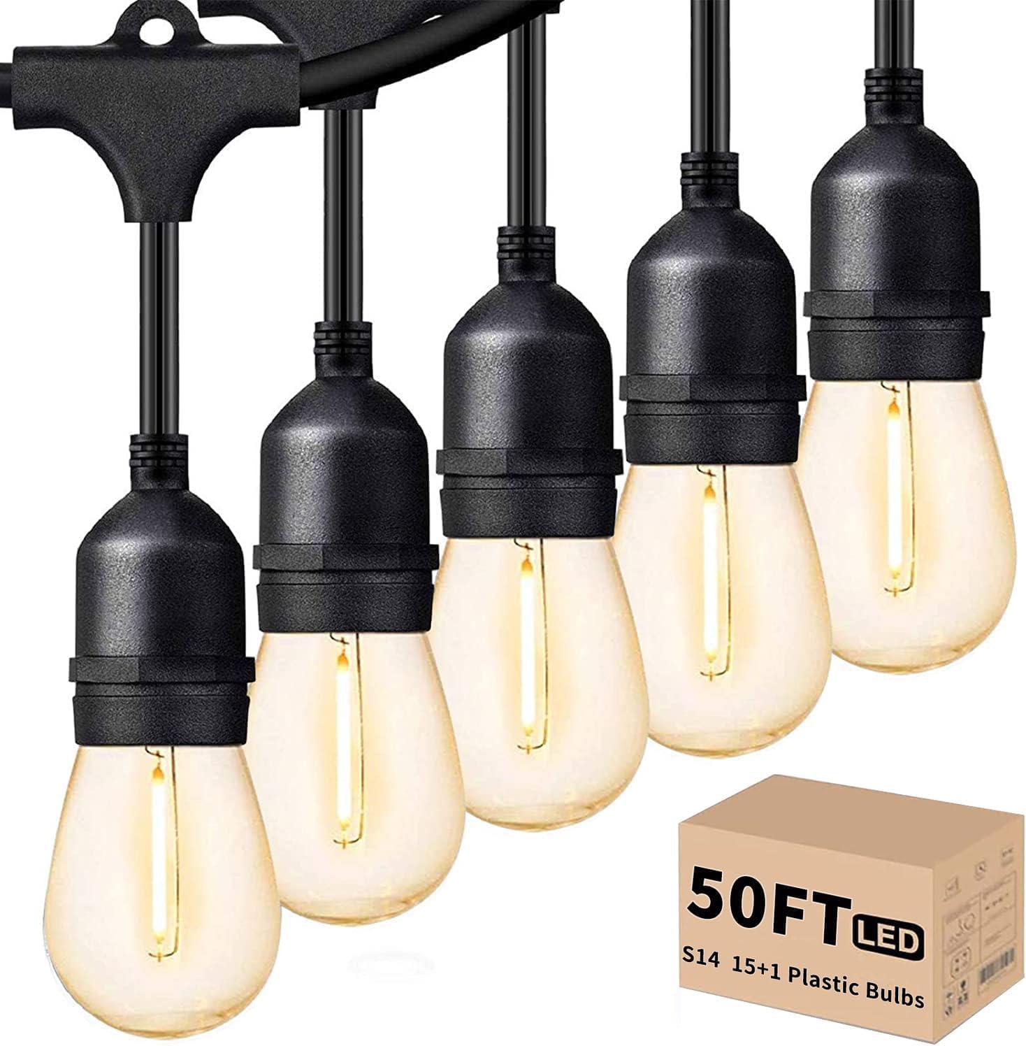 50FT Black LED Outdoor String Lights with Warm White Bulbs