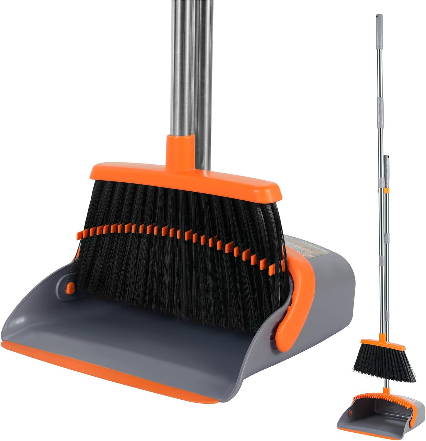 Adjustable Stainless Steel Broom and Dustpan Set with Orange Handle