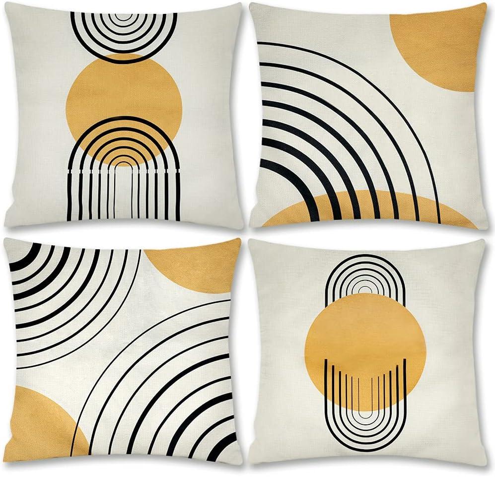 Thideape Pillow Covers 18x18 Inch Set of 4 Yellow Abstract Patterns Mid Century Modern Simple Geometric Circle Black Stripe and Gold Throw Pillows Decorative Home Decor Couch Sofa Bedroom Outdoor