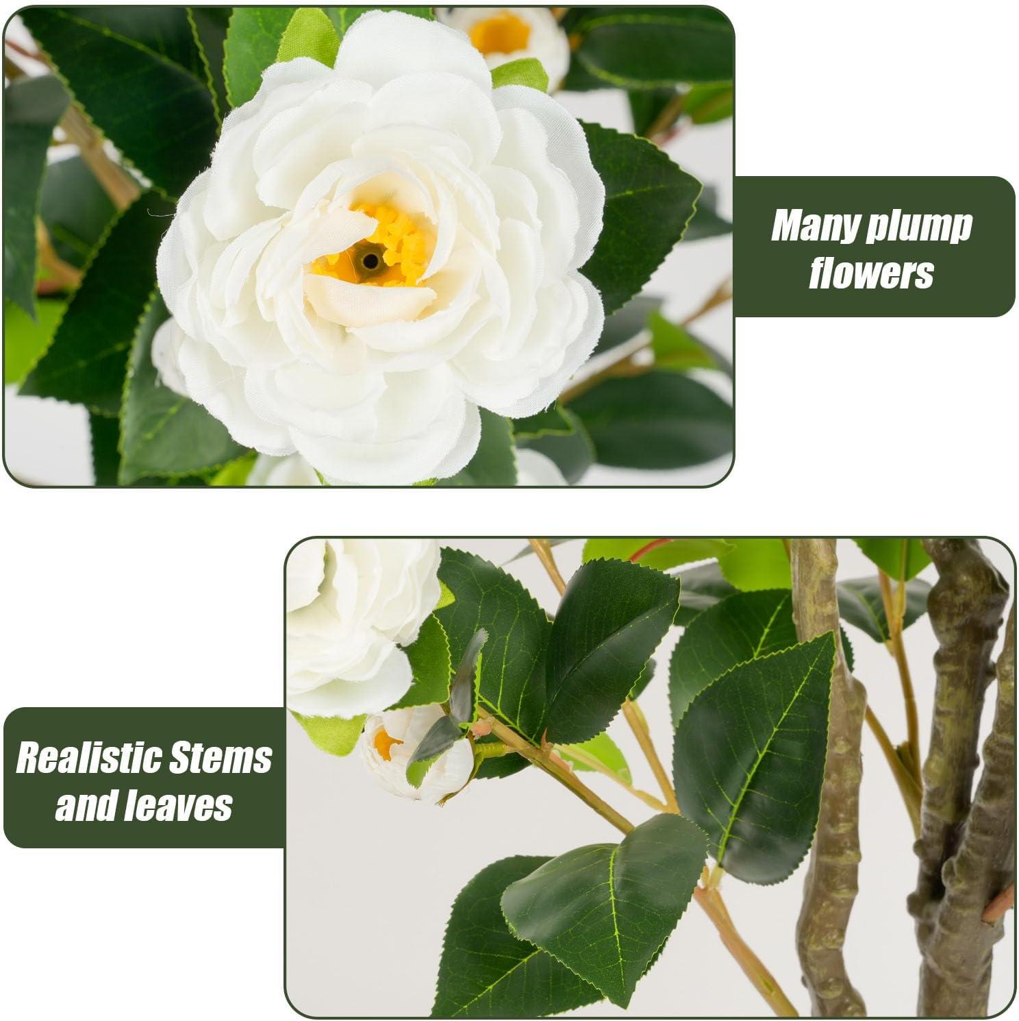 45" Artificial Camellia Tree 2 Pack Large Blooming Tree in Pot with White Flowers, 3.75ft Faux Floral Camellia Plants Fake Greenery Potted Tree for Indoor, Outdoor, Home,Office
