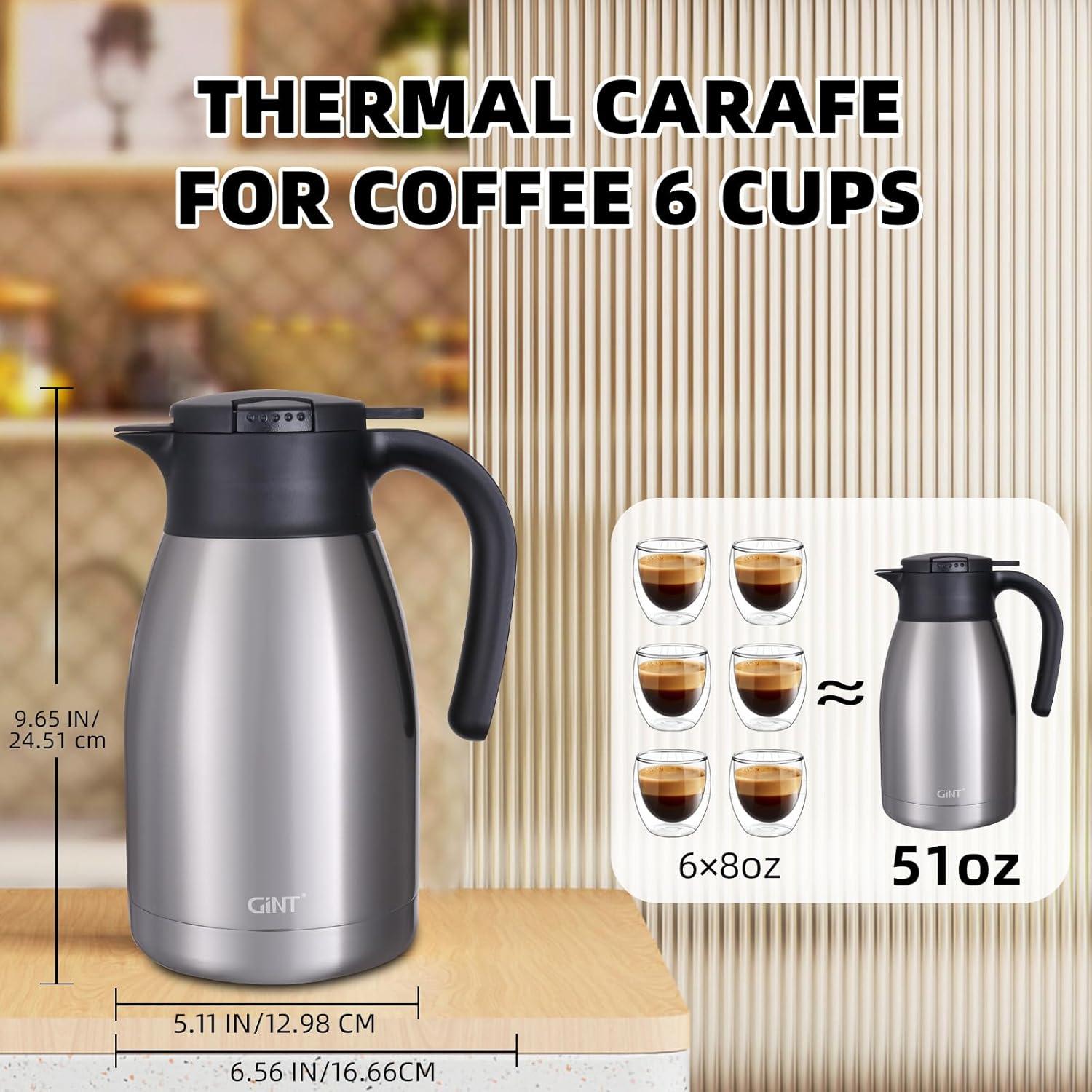 GiNT 51Oz Stainless Steel Thermal Coffee Carafe with Lid/Double Walled Vacuum Thermal Carafe / 12 Hour Heat Retention (Silver, 1.5L)