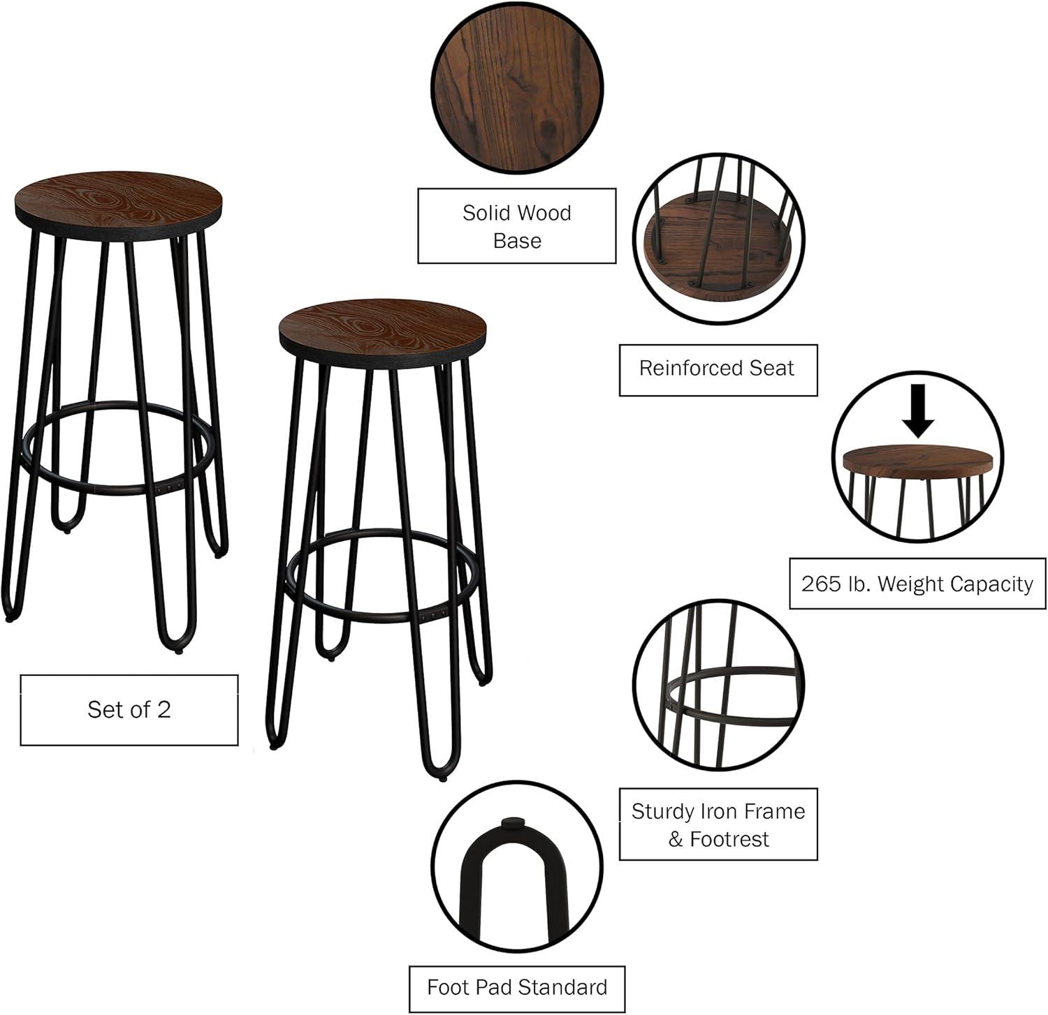 Rustic Elm 24-Inch Backless Counter Stool with Hairpin Metal Legs