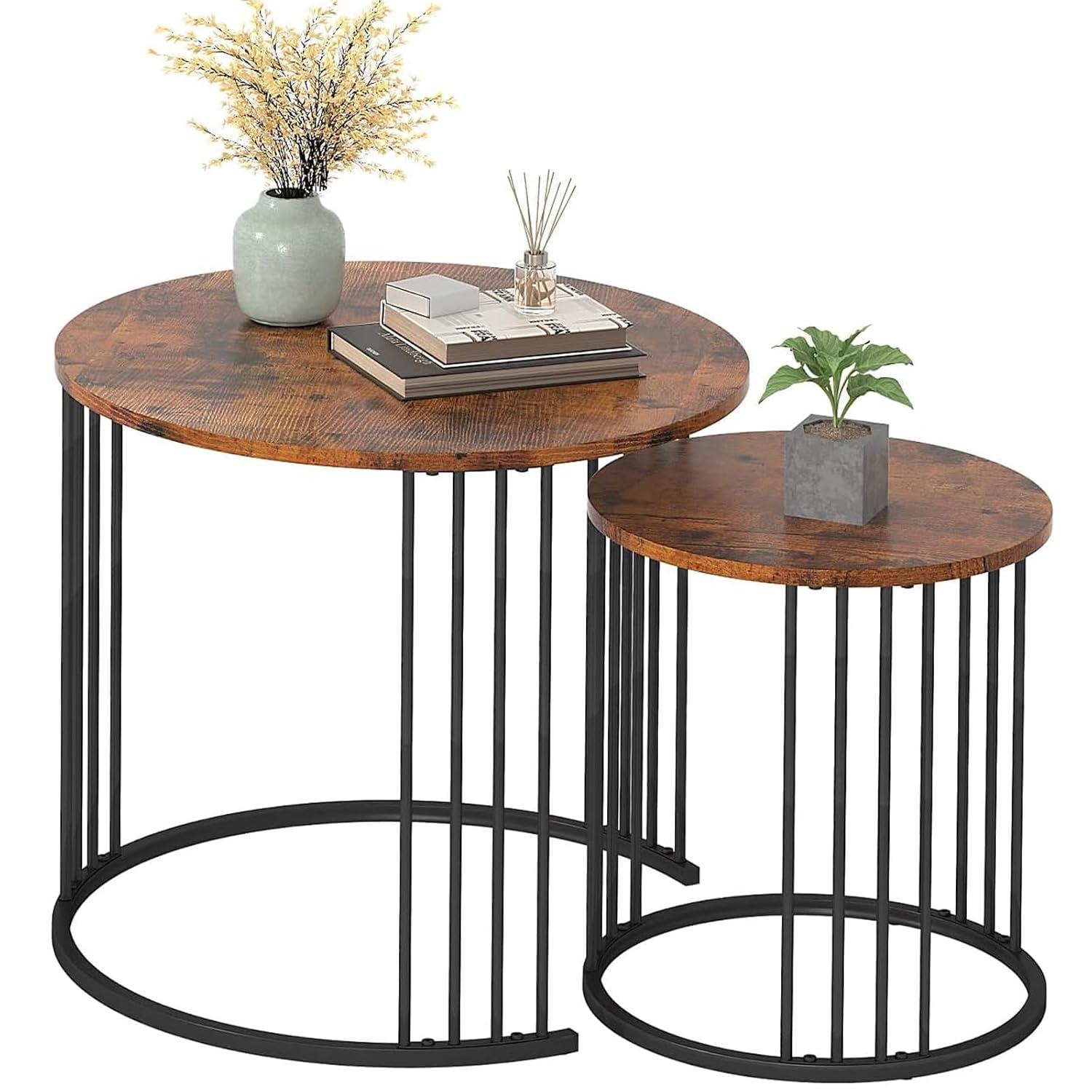 Rustic Brown Round Wood Nesting Coffee Table Set